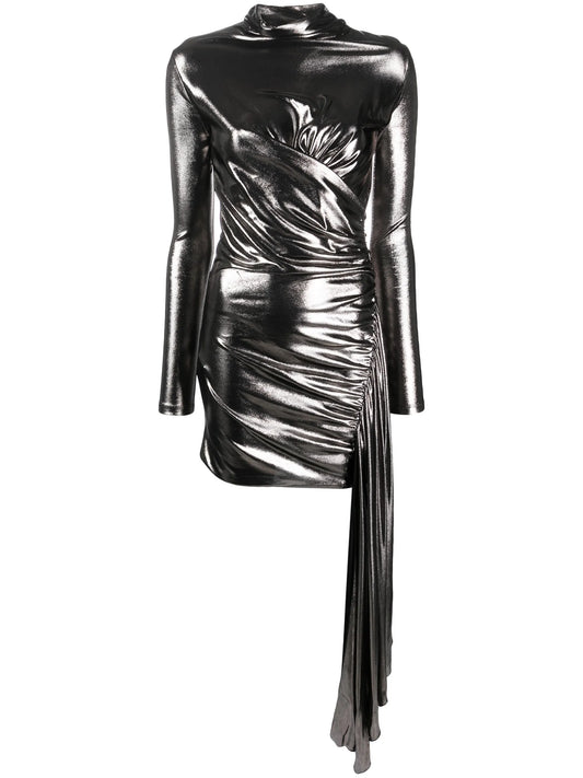draped metallic long-sleeve dress
