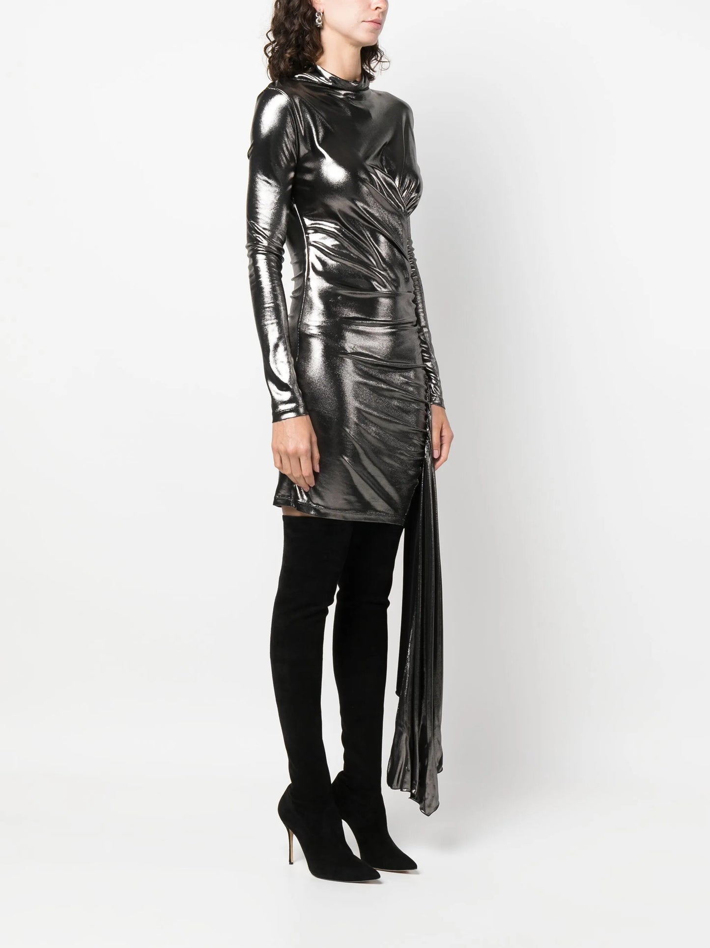 draped metallic long-sleeve dress