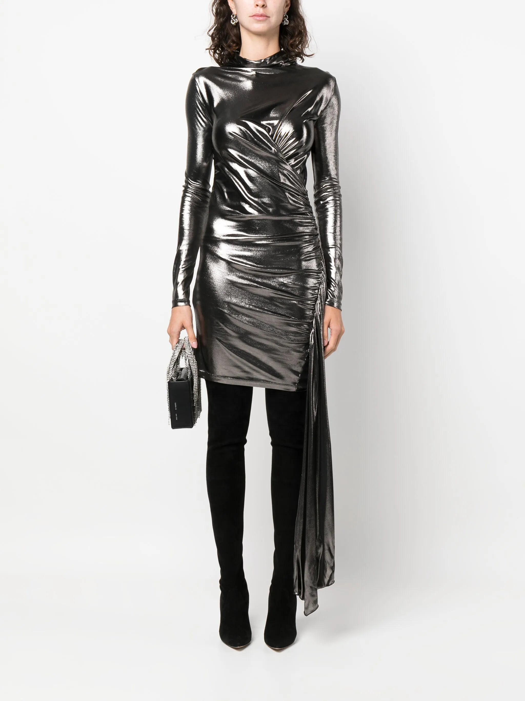 draped metallic long-sleeve dress