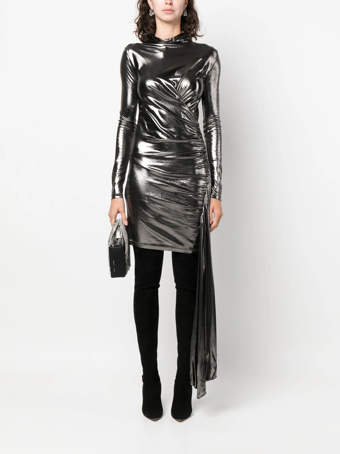 draped metallic long-sleeve dress