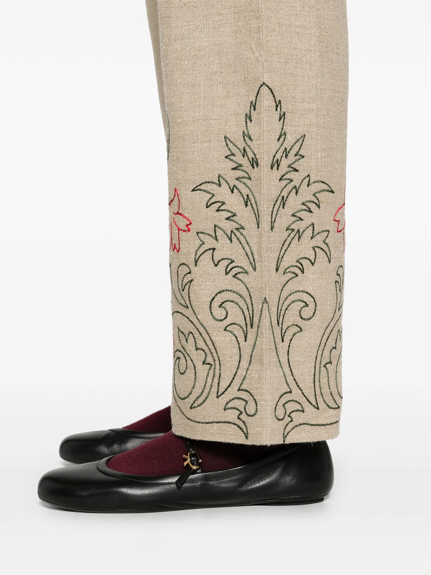 floral-embroidered linen trousers