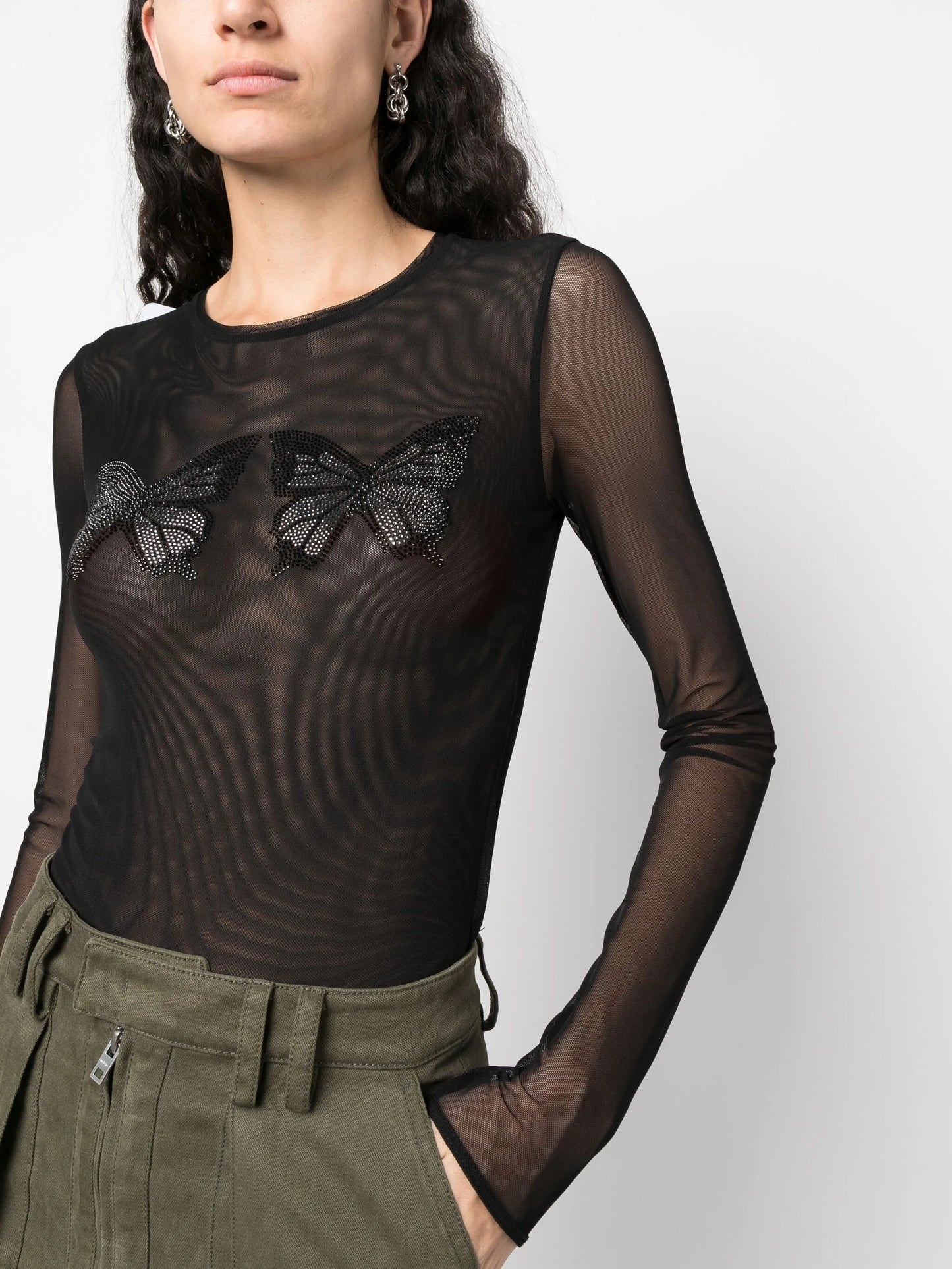 butterfly-embellished mesh top