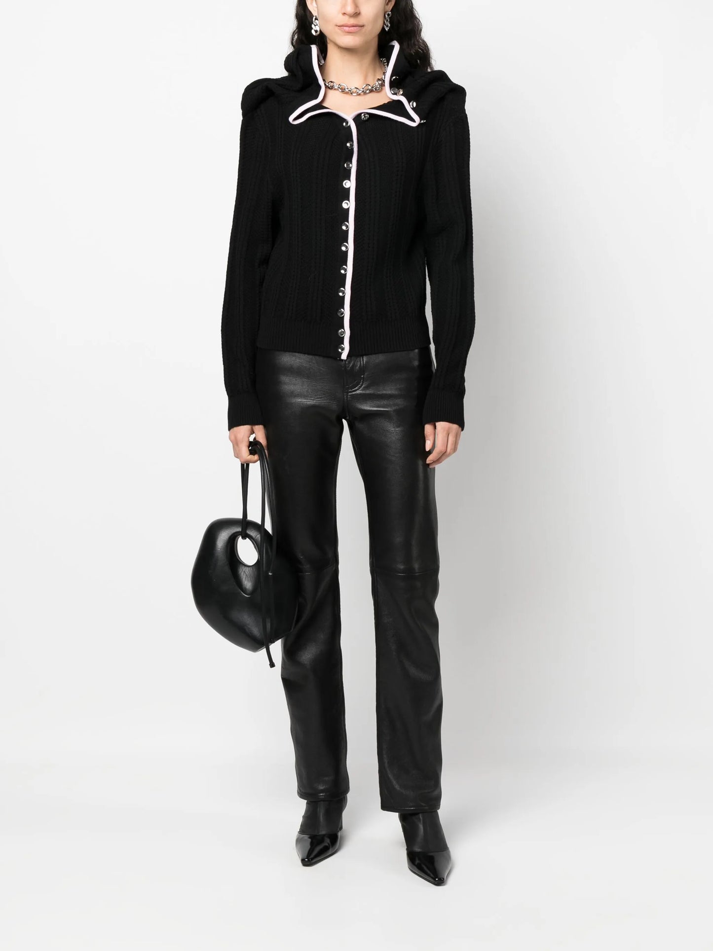Evergreen ruffled-neckline wool cardigan