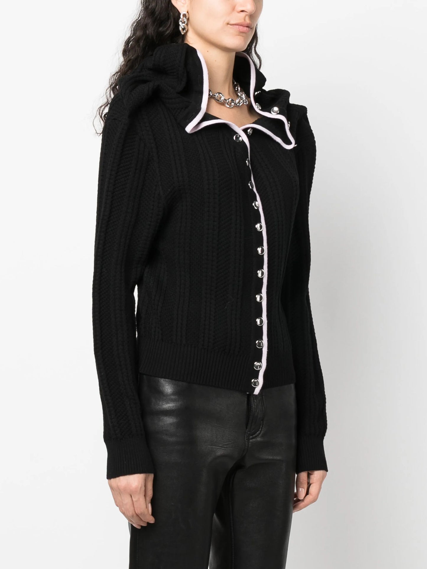 Evergreen ruffled-neckline wool cardigan