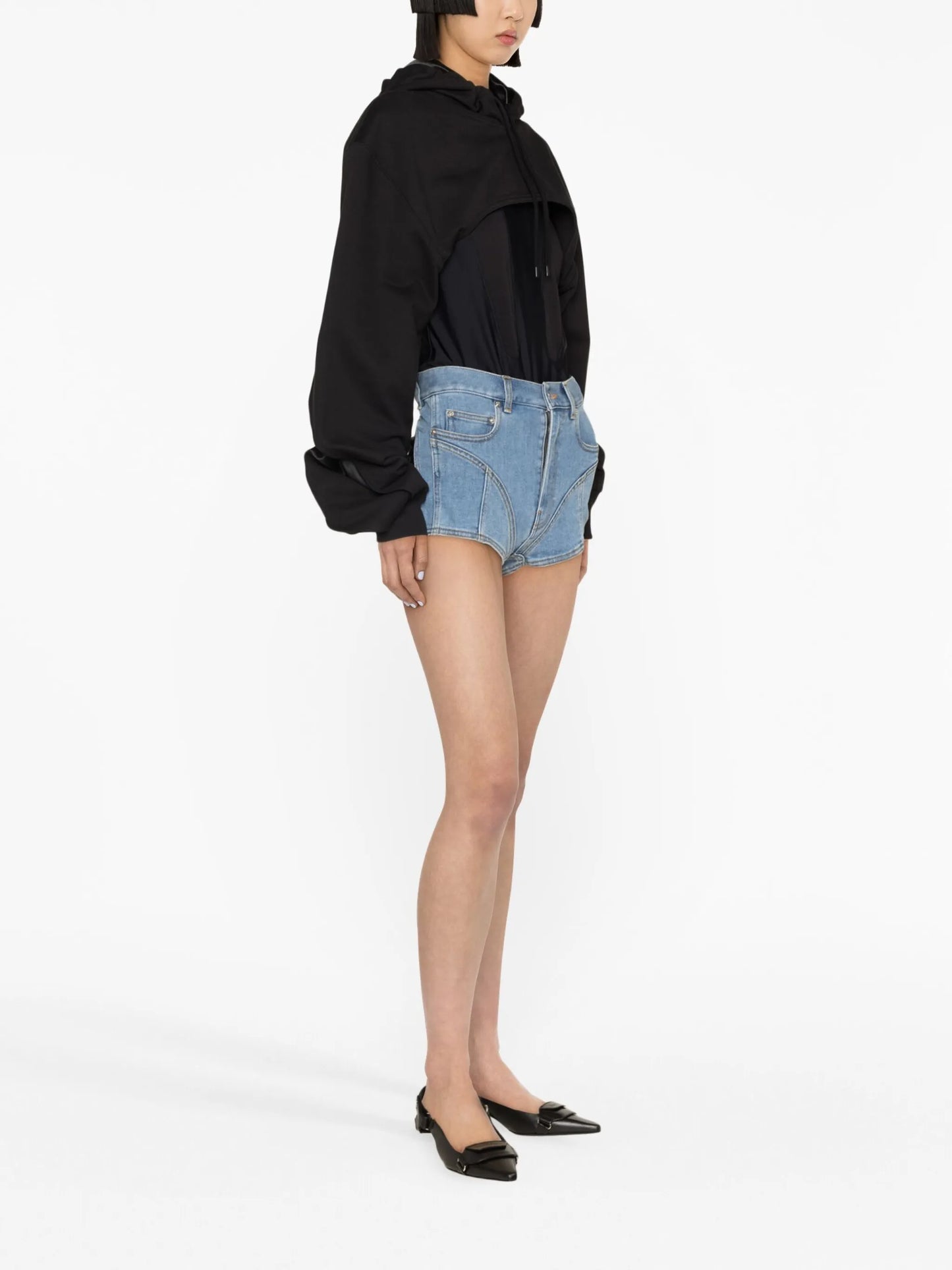 Spiral panelled denim shorts