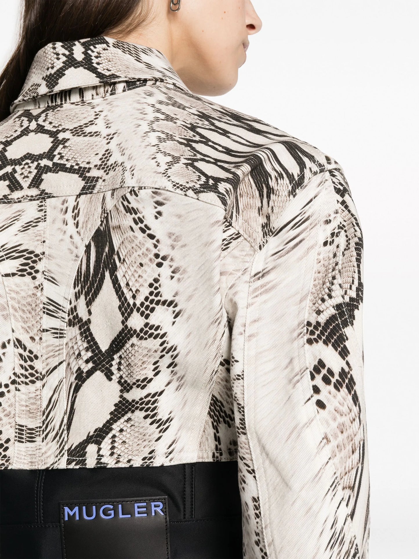 Snake cropped panelled denim jacket