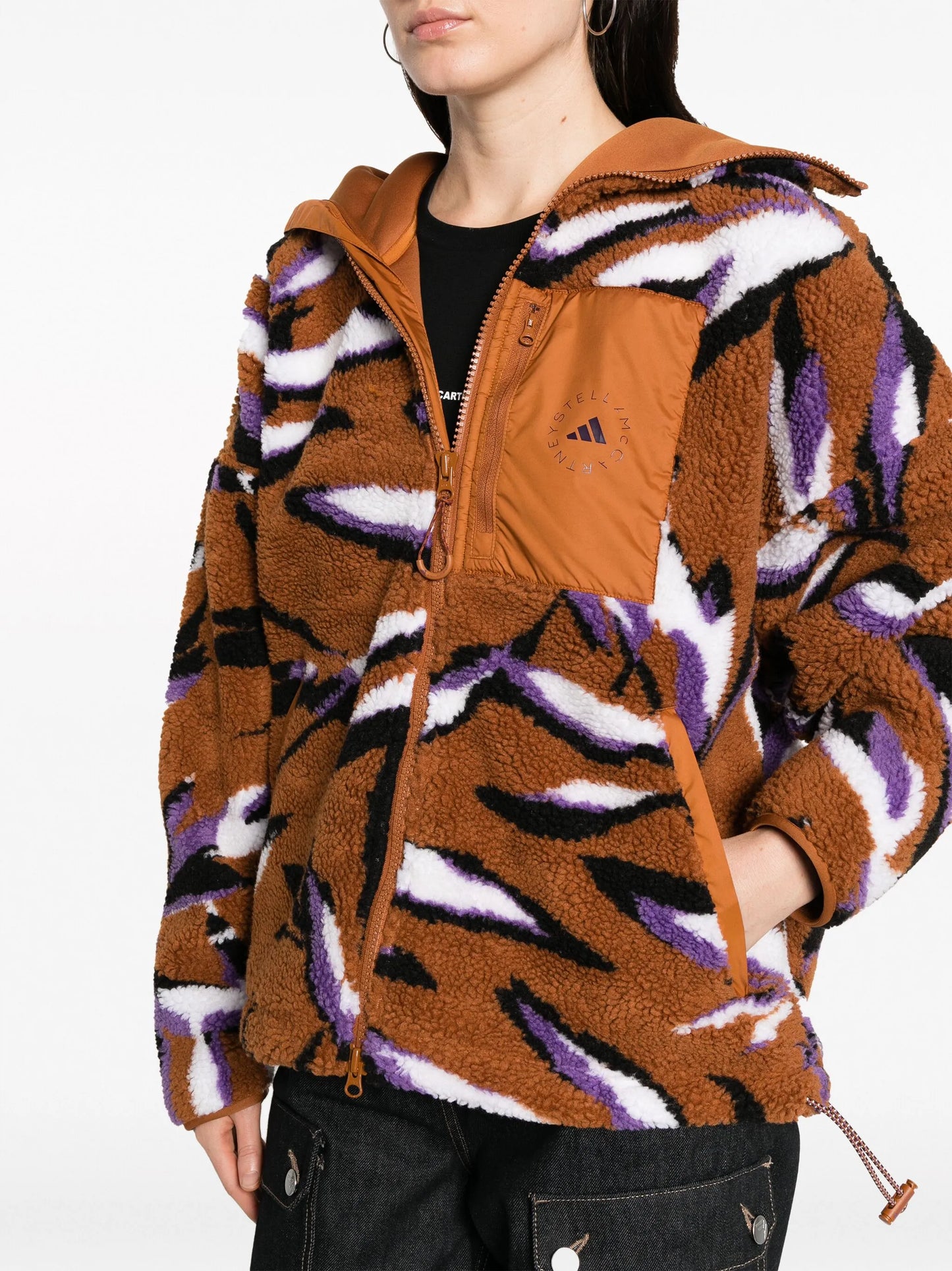 leaf-print zip-up fleece jacket