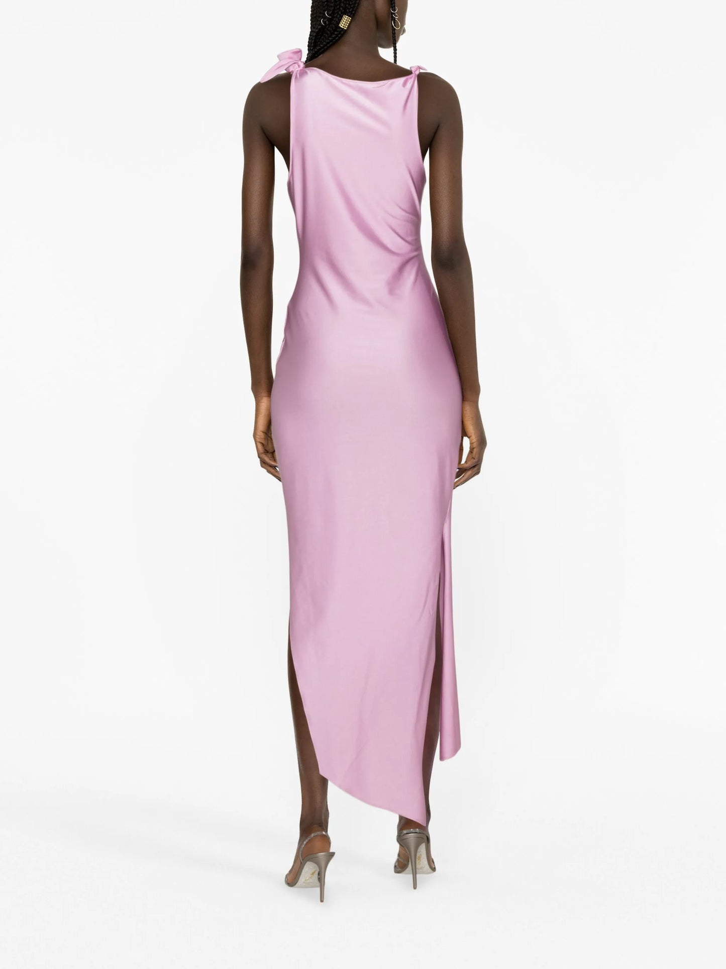 flower-appliqué cut-out gown
