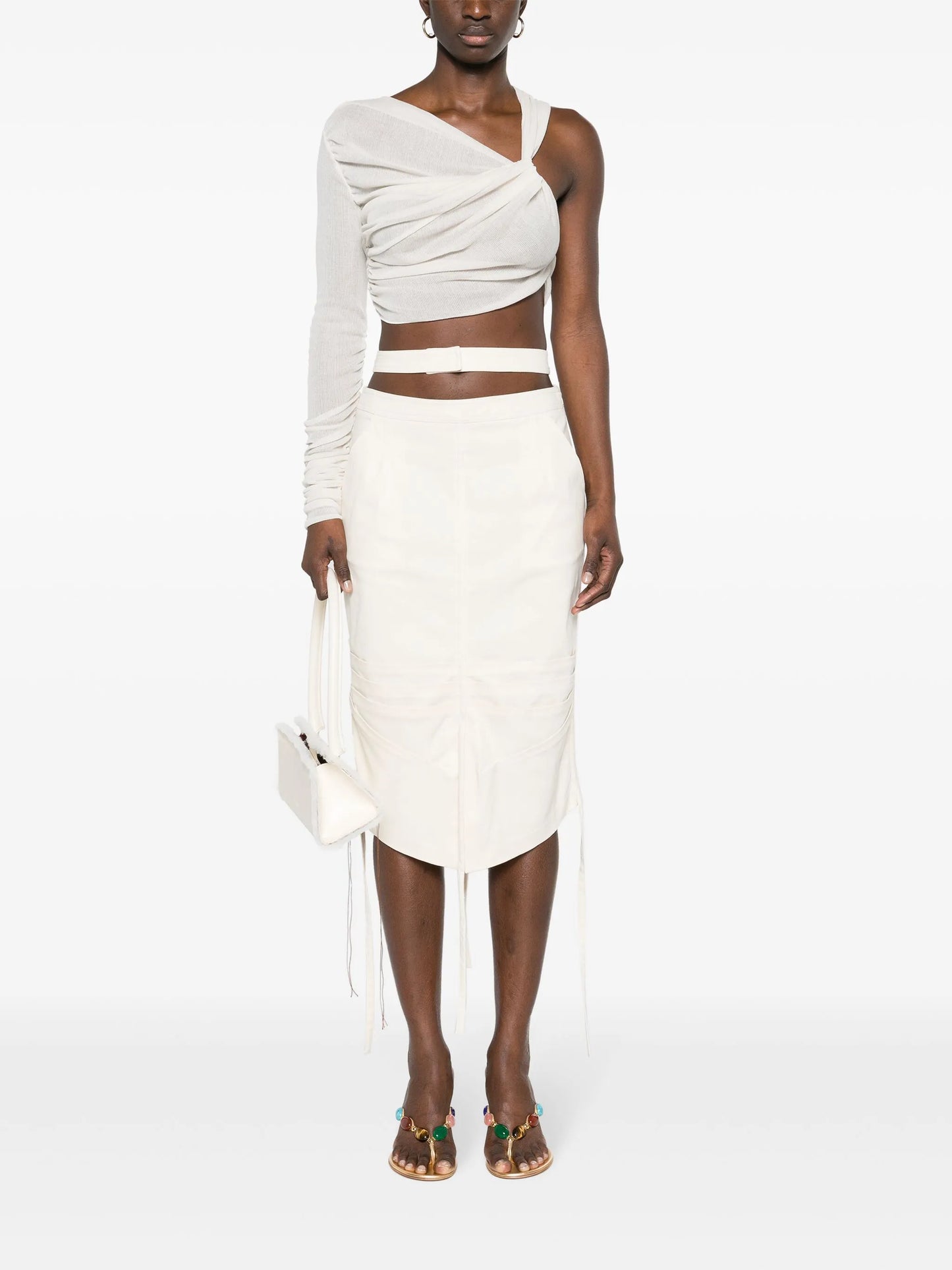 double-belt stretch-cotton midi skirt
