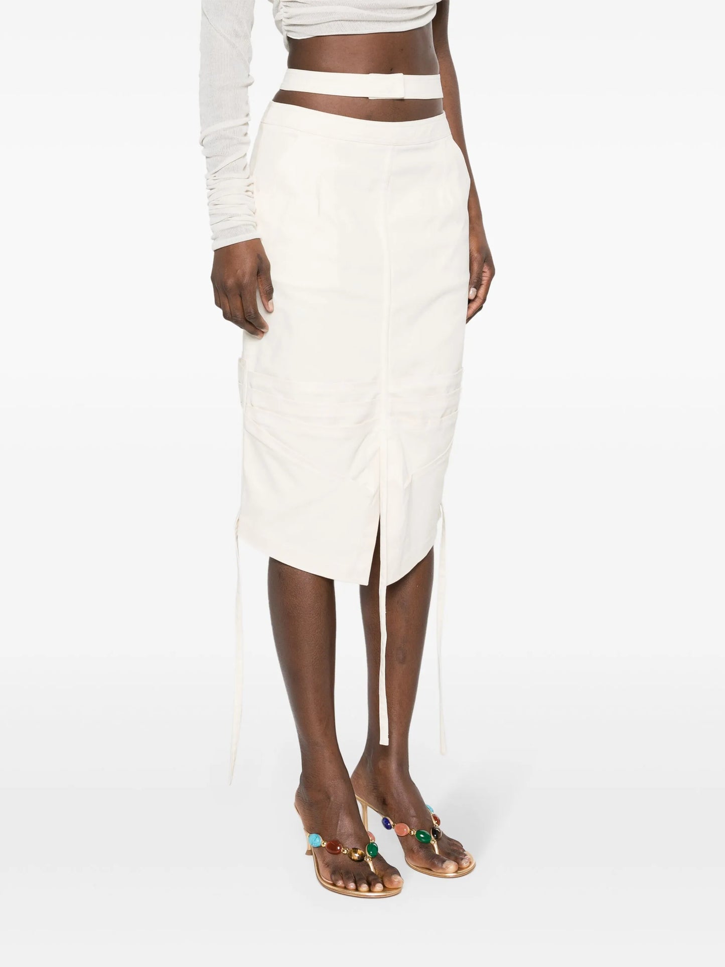 double-belt stretch-cotton midi skirt