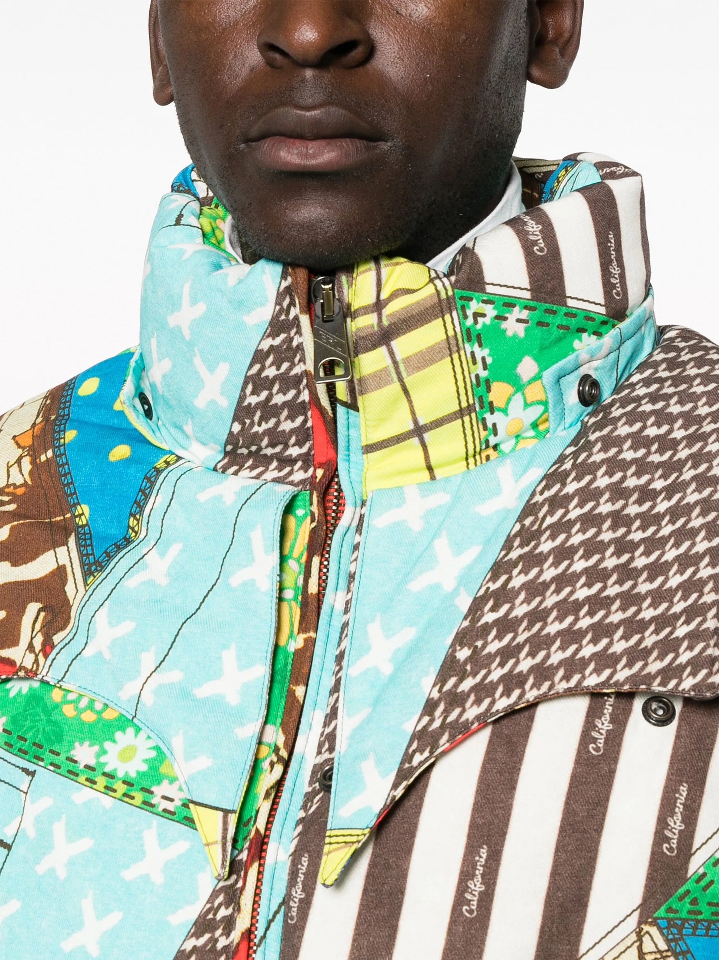 patchwork-pattern padded hooded jacket