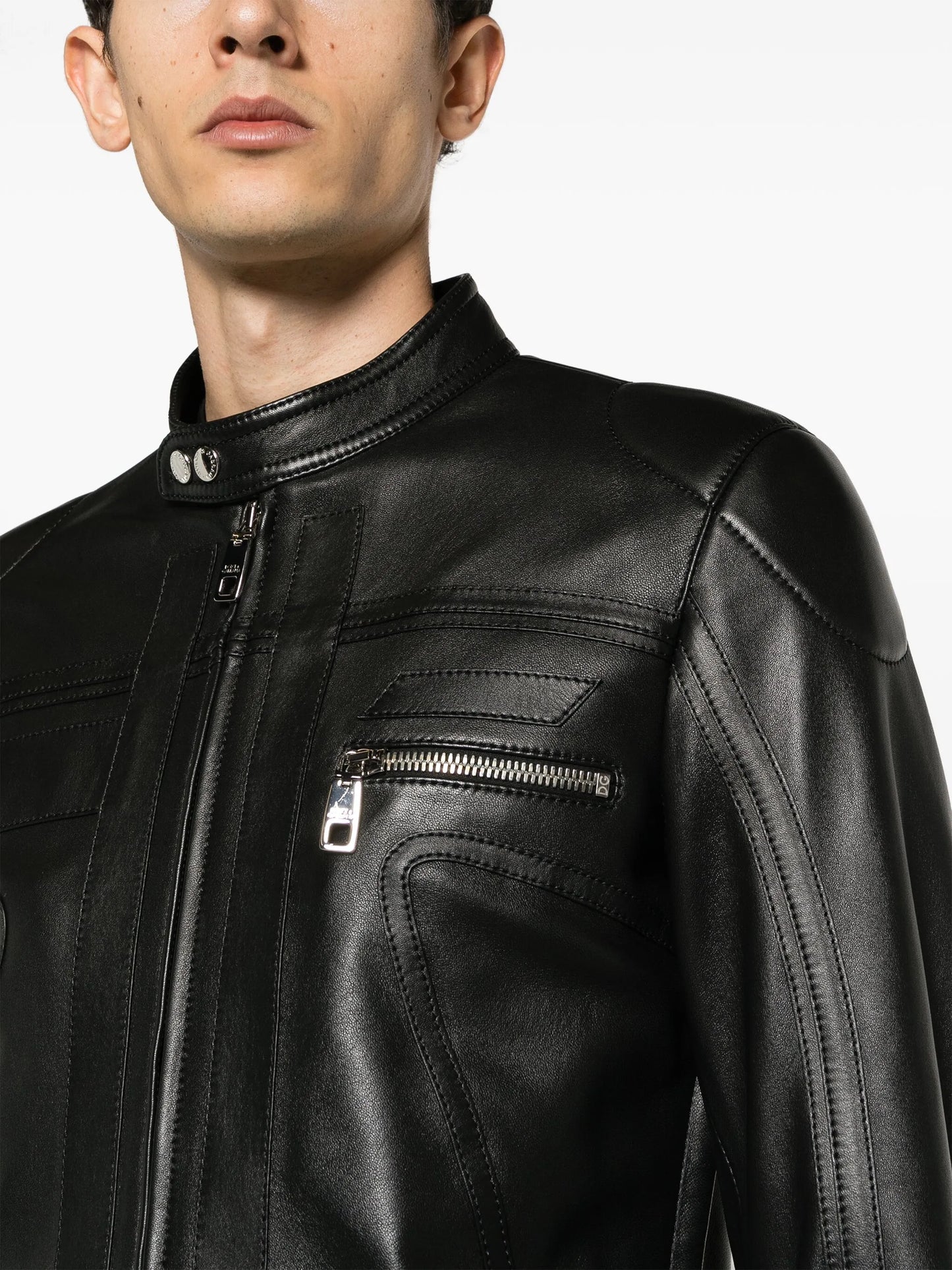 zip-up leather biker jacket