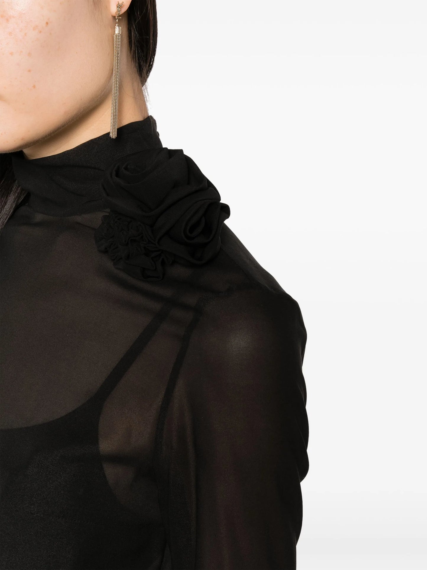 floral-appliqué semi-sheer silk top