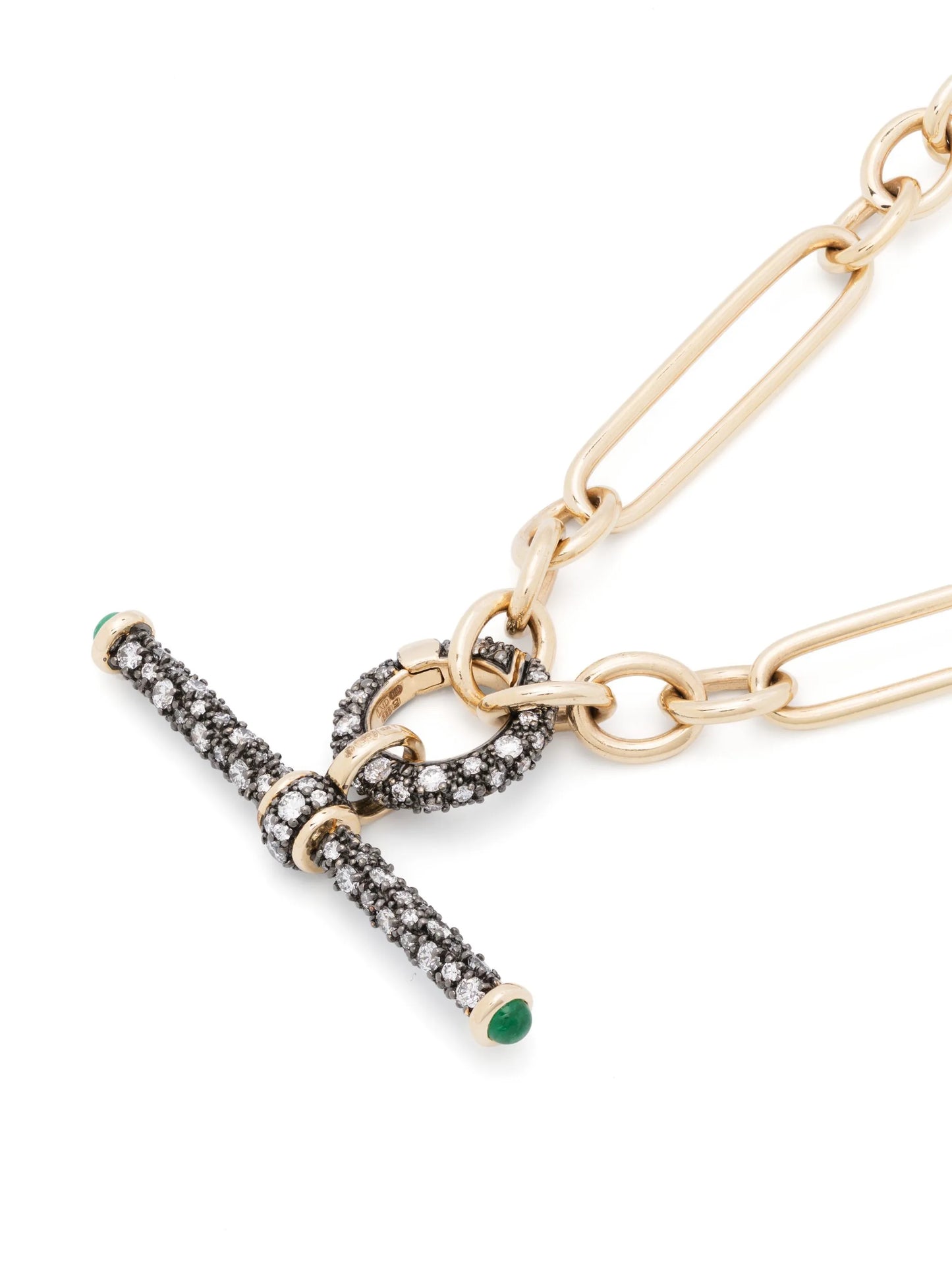14kt yellow gold diamond and emerald T-bar necklace