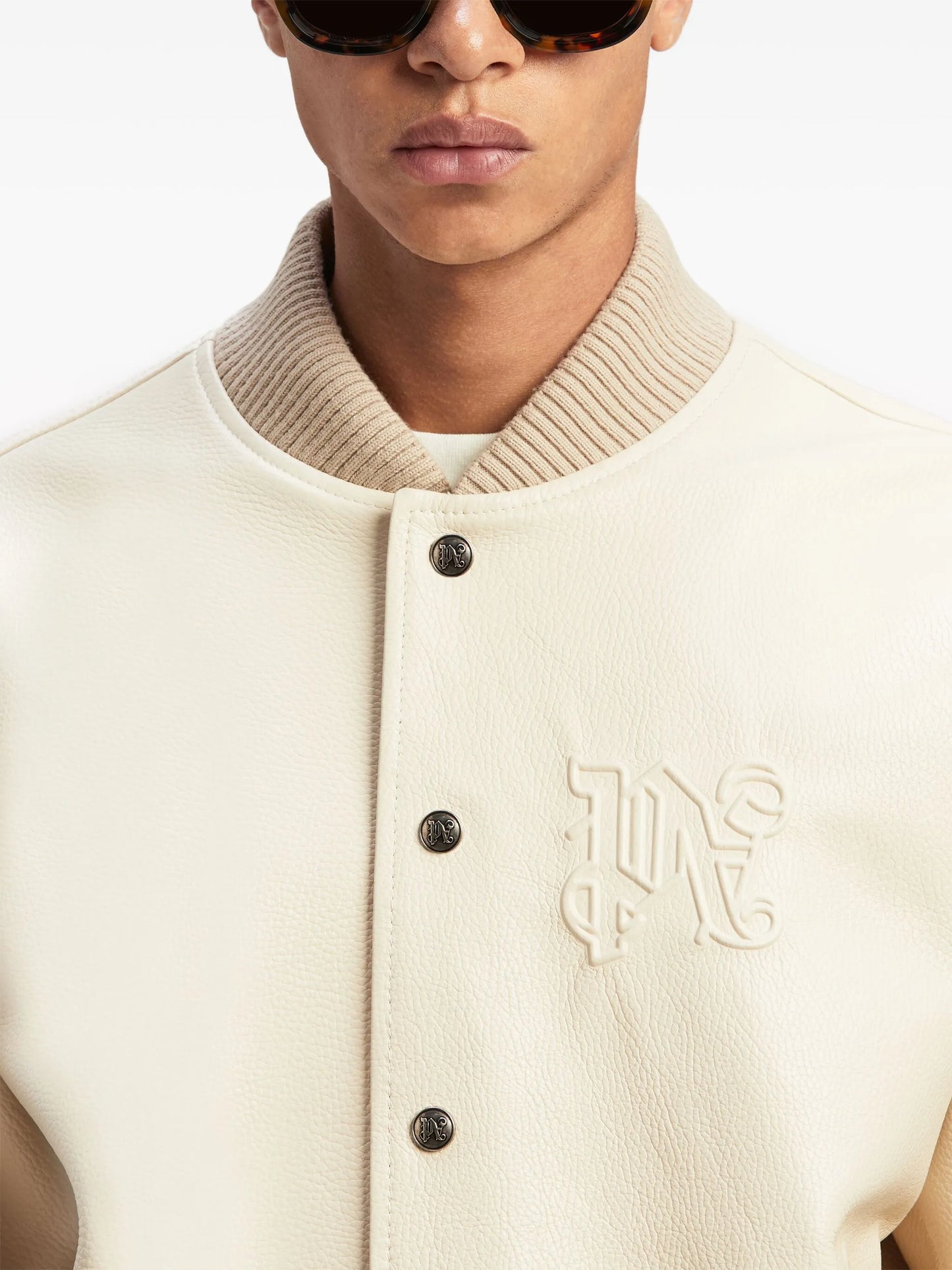 monogram-embossed leather bomber jacket
