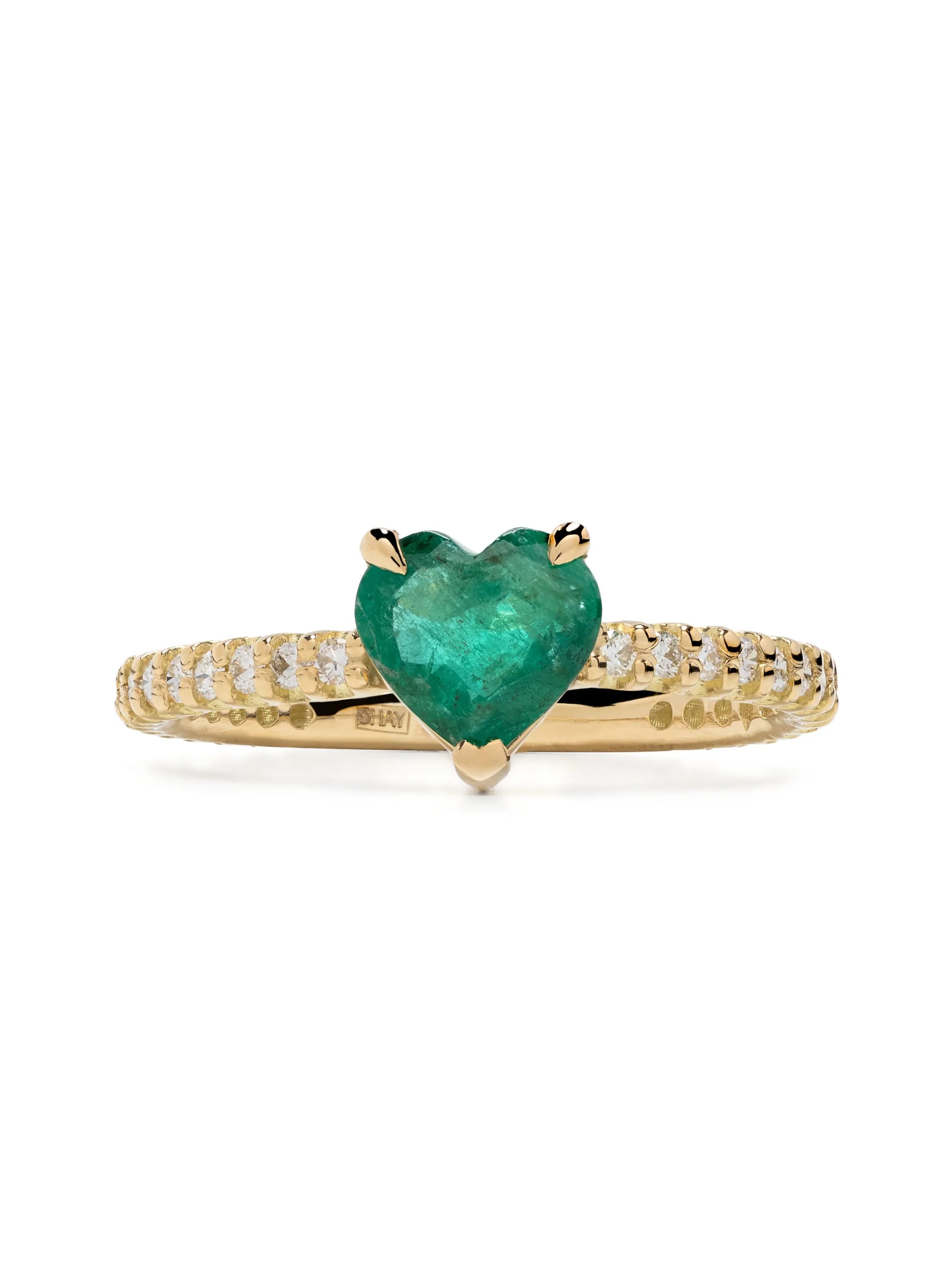 18kt yellow gold Zambian emerald and diamond pinky ring