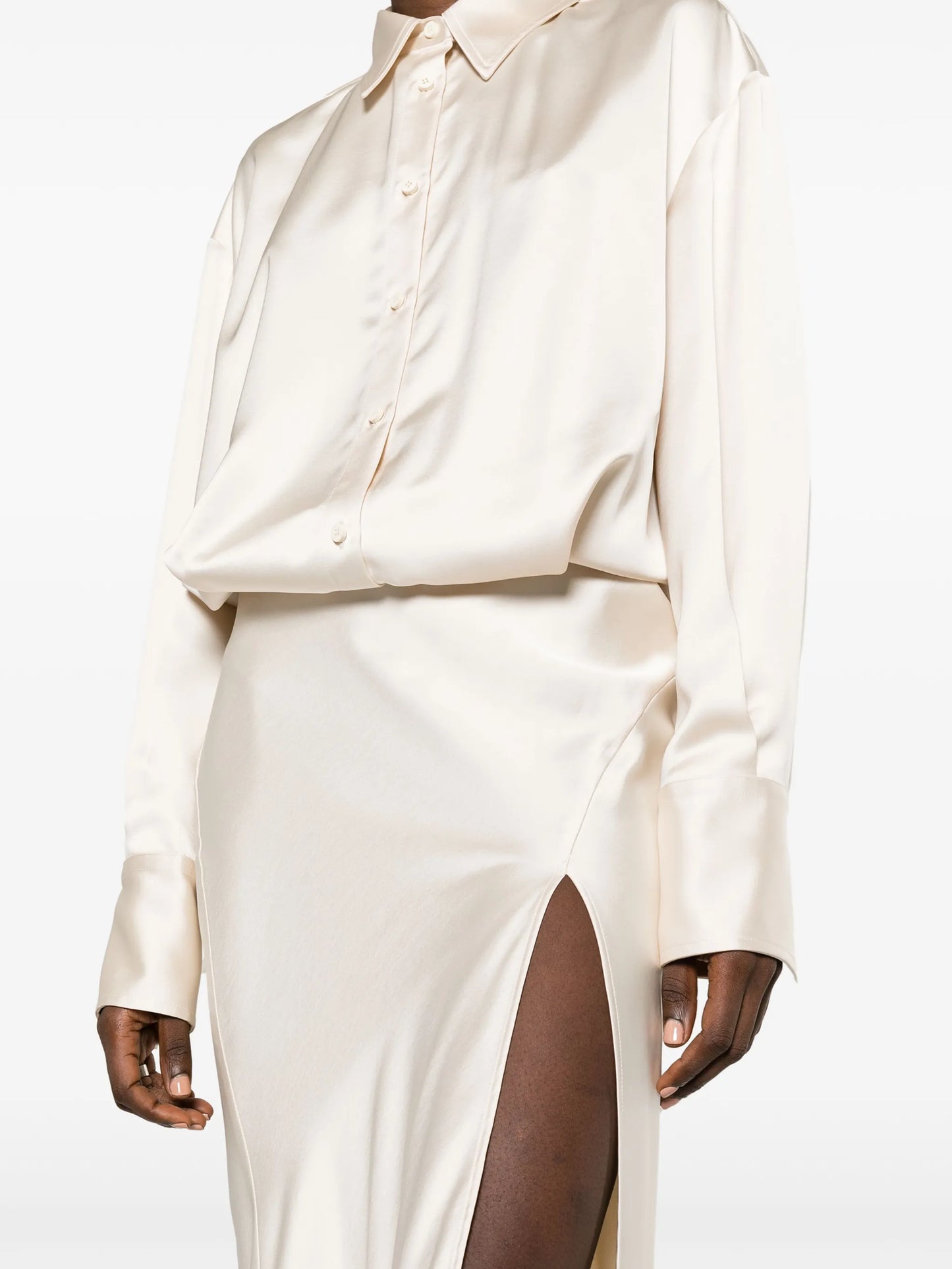 long-sleeve satin gown