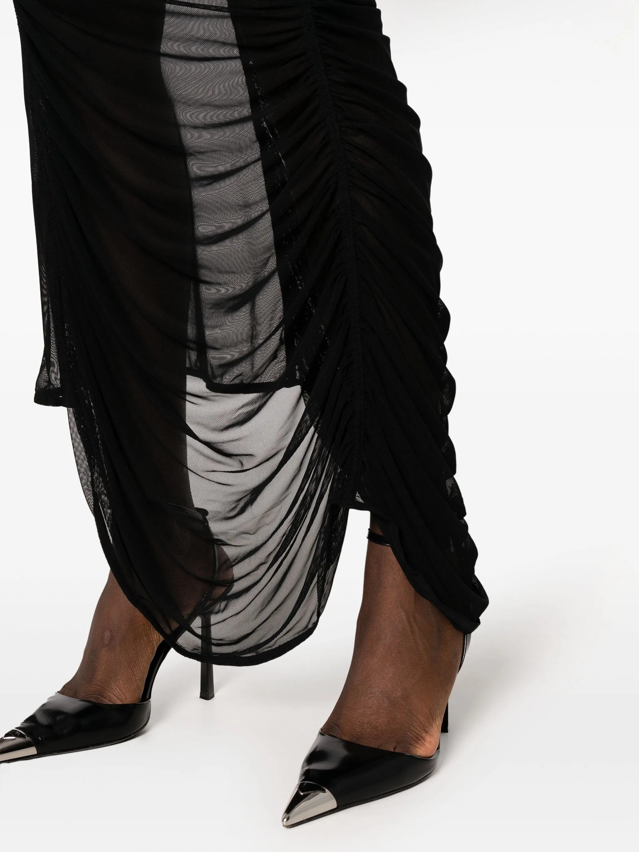 Fishnet ruched sheer maxi dress