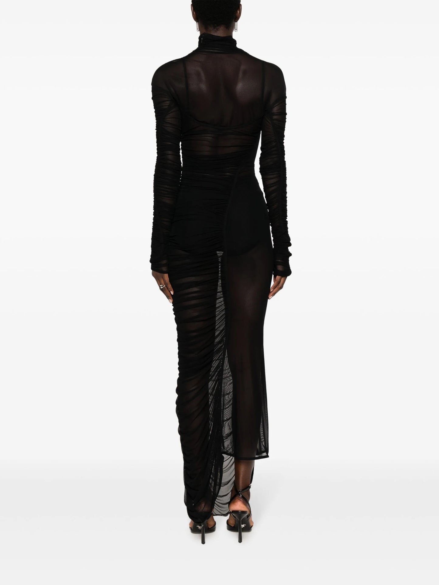 Fishnet ruched sheer maxi dress