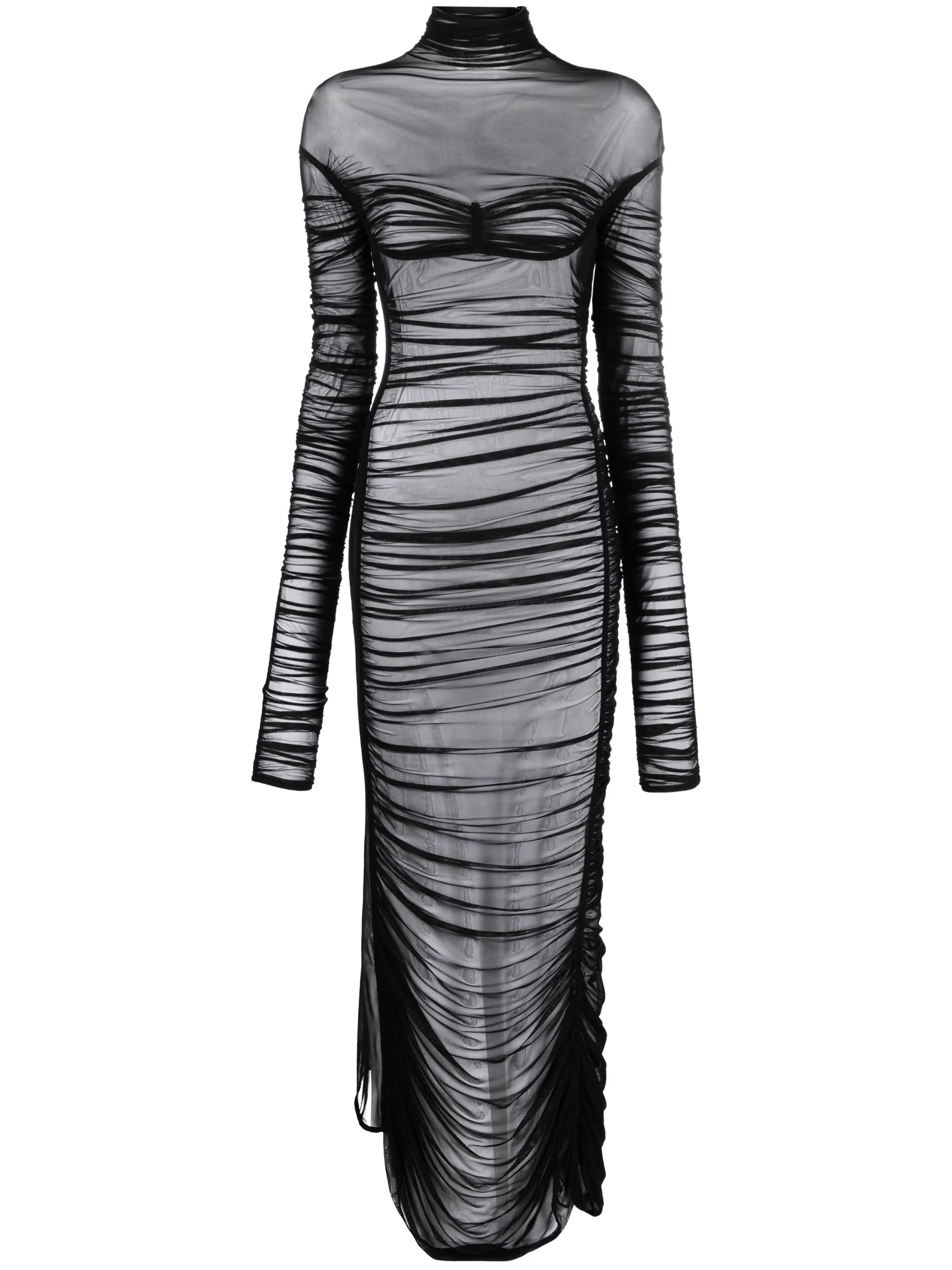 Fishnet ruched sheer maxi dress