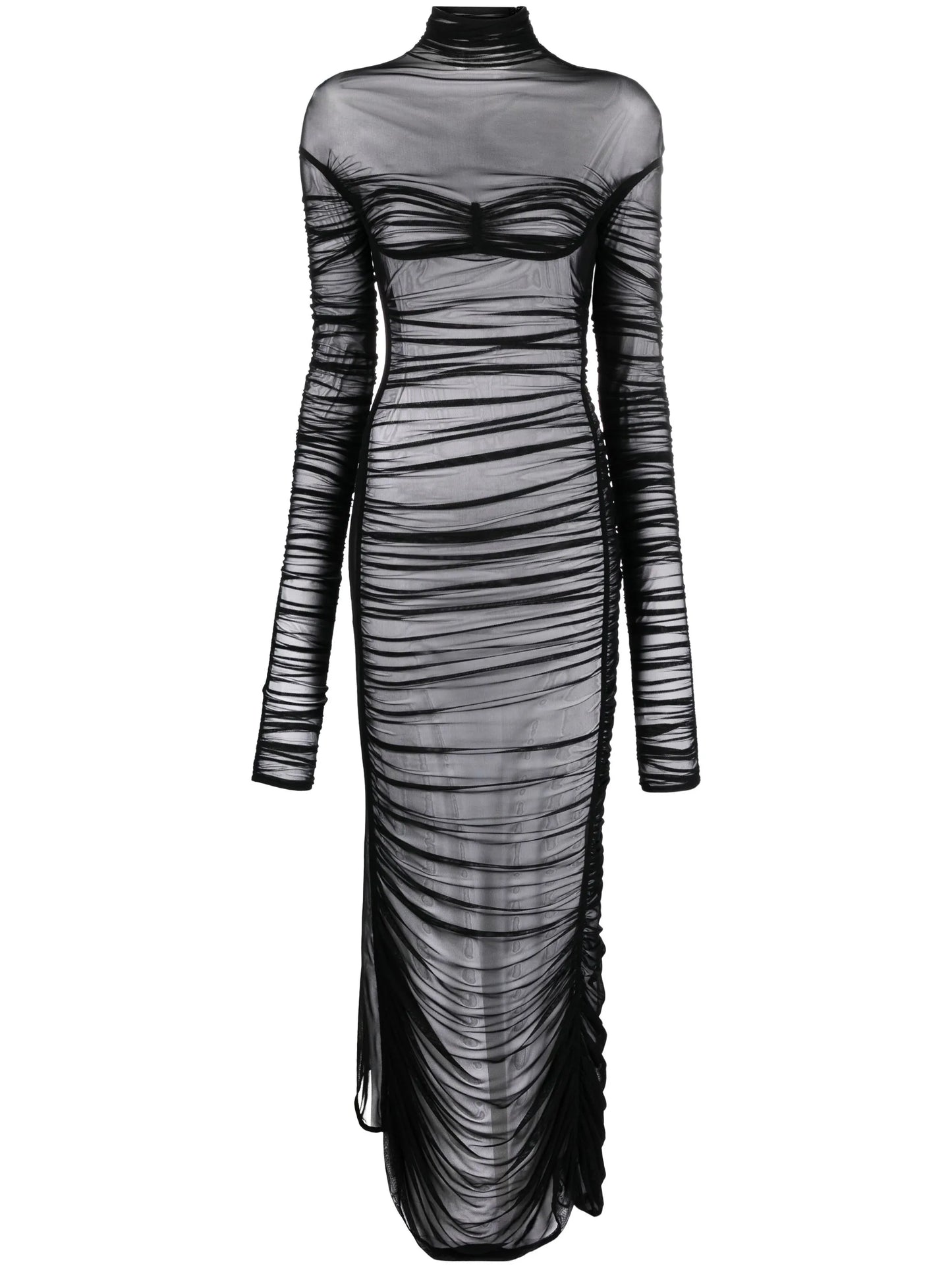 Fishnet ruched sheer maxi dress