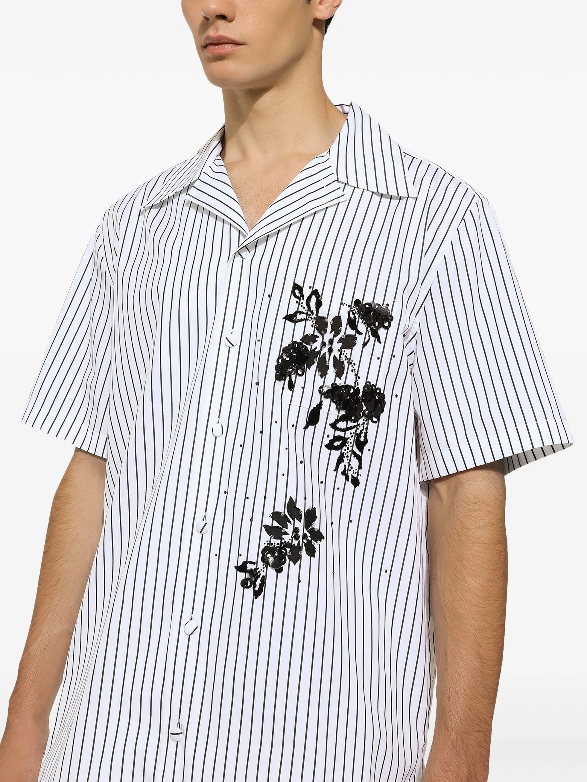 floral-print striped shirt