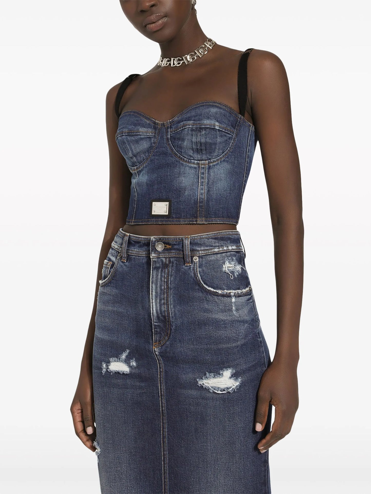 logo-plaque denim crop top