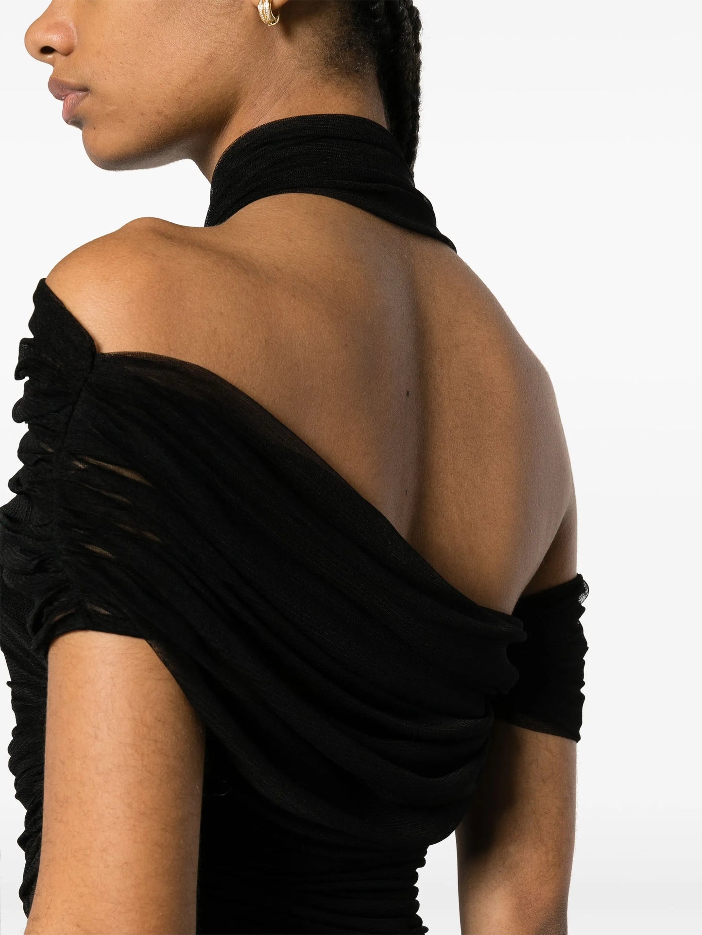 Veiled semi-sheer asymmetric draped top