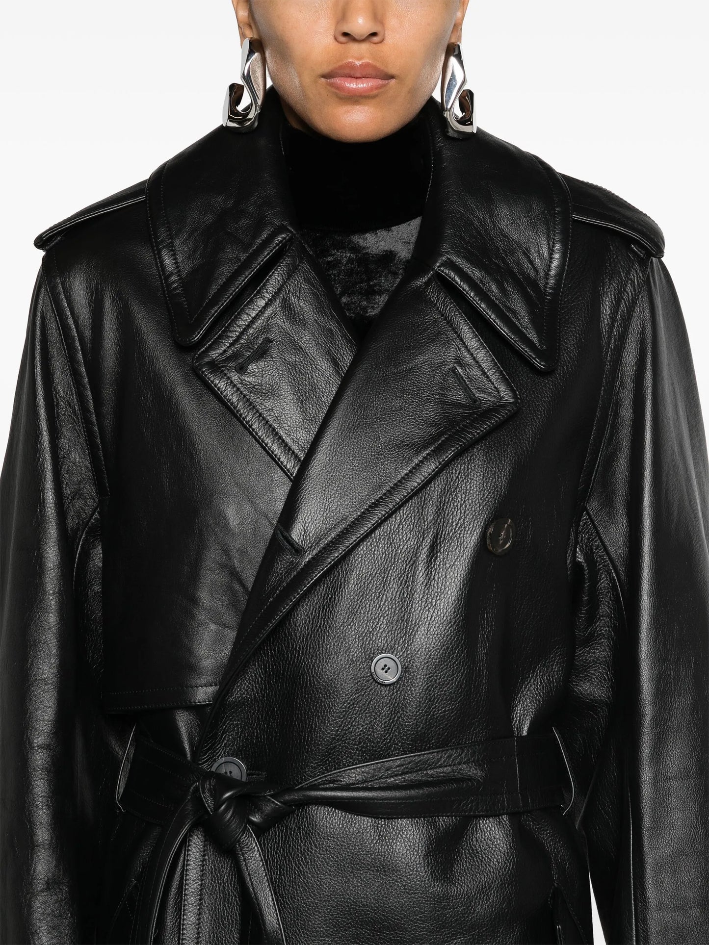 belted leather trench coat