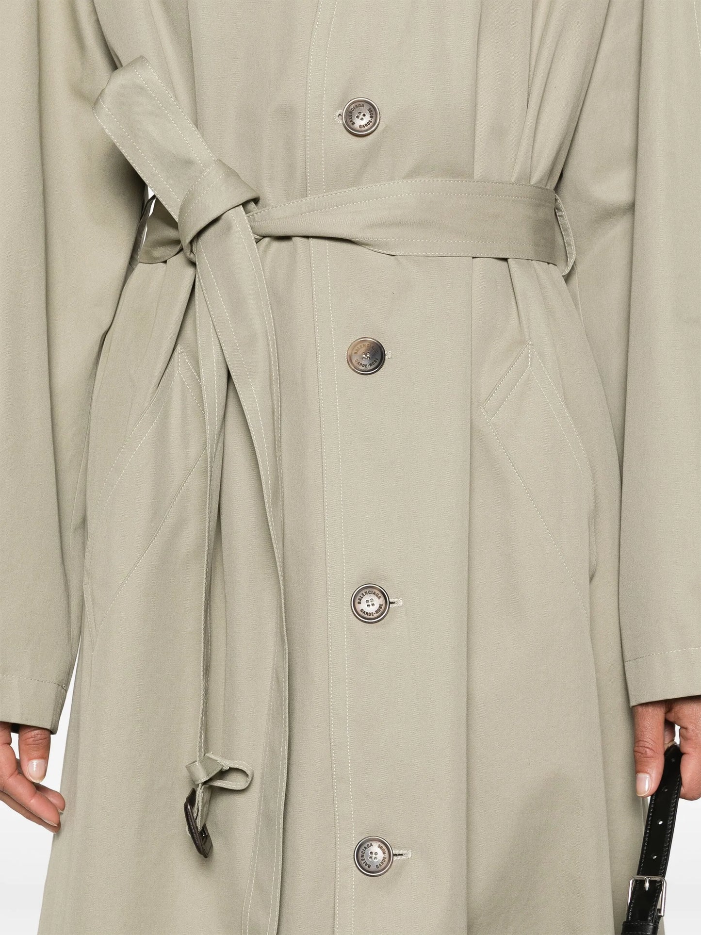collarless belted cotton trench coat