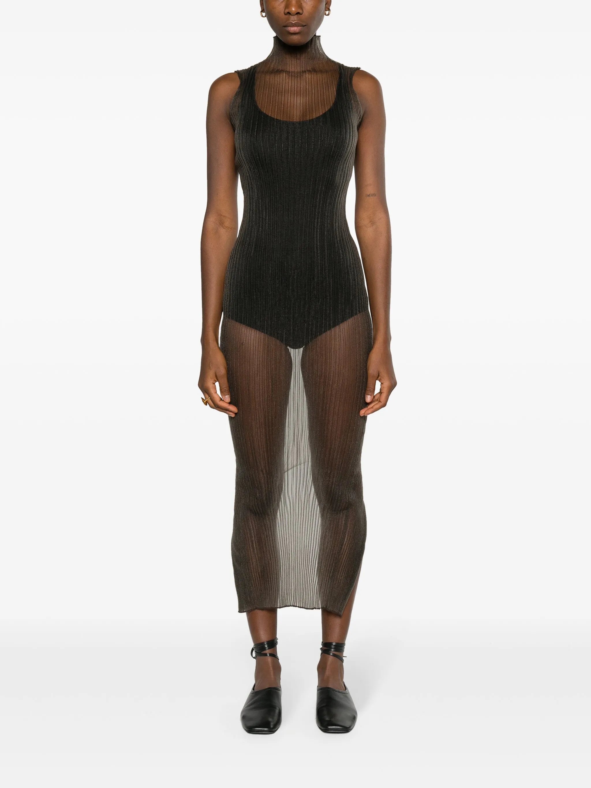 high-neck ribbed midi dress