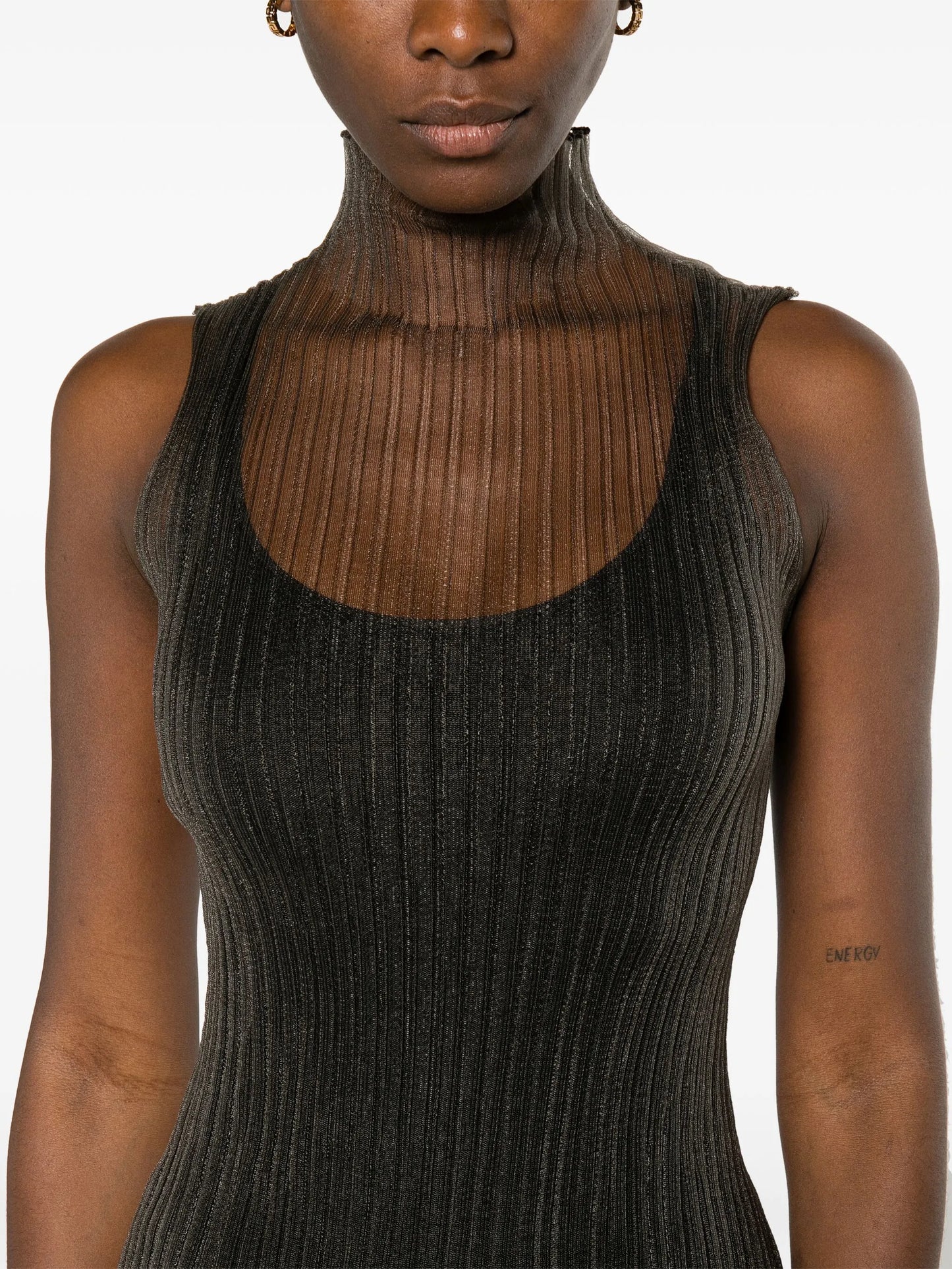 high-neck ribbed midi dress