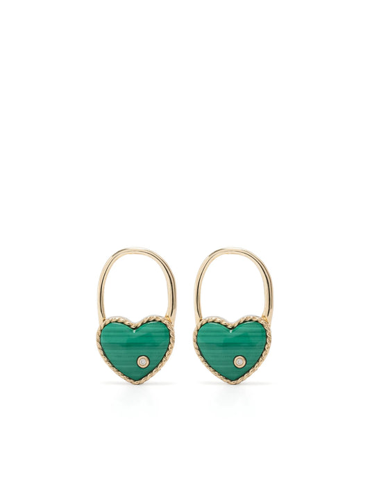 9kt yellow gold Créole Cadenas Cœur malachite and diamond single earring