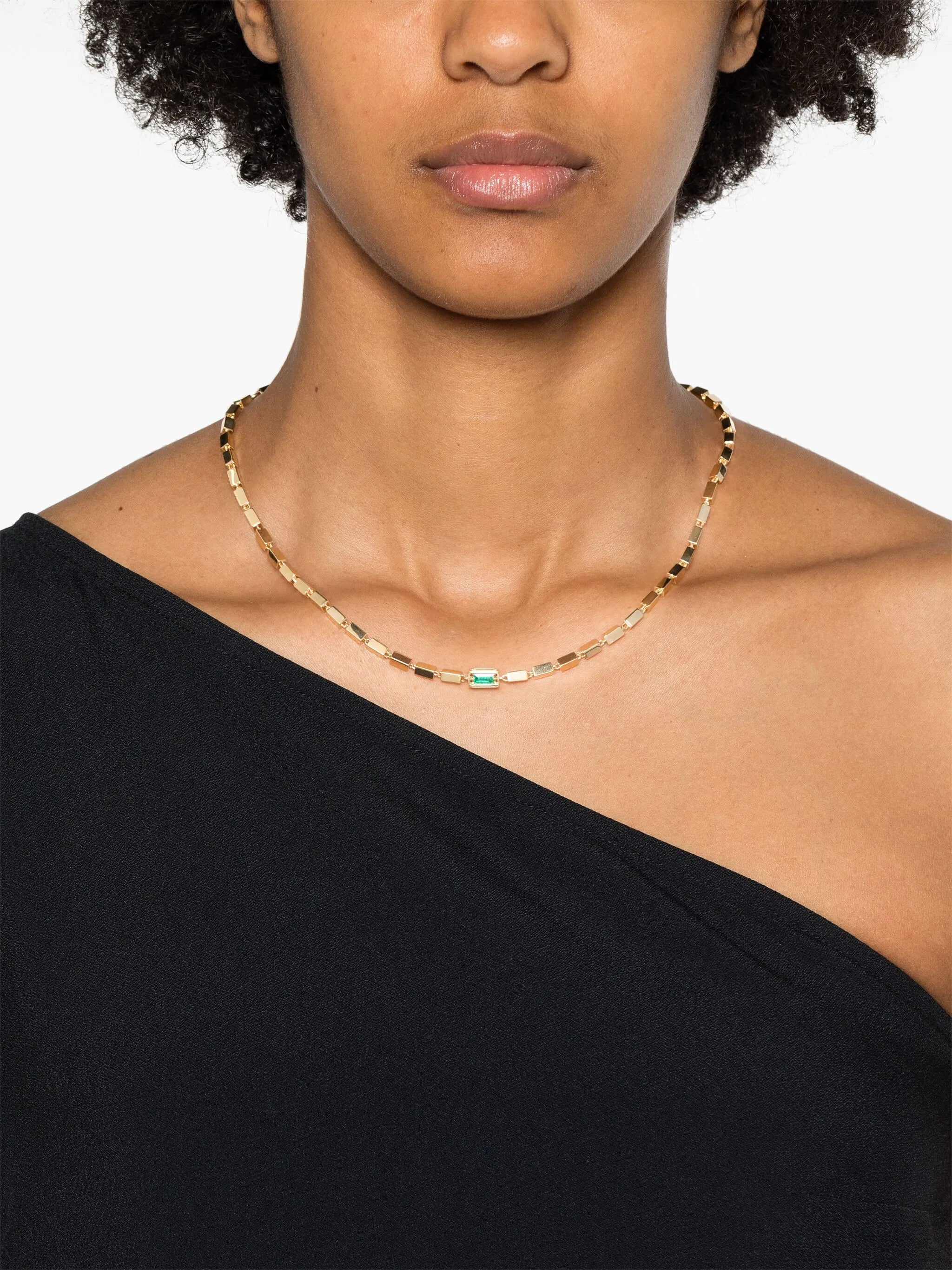 18kt yellow gold Block-Chain emerald baguette link necklace