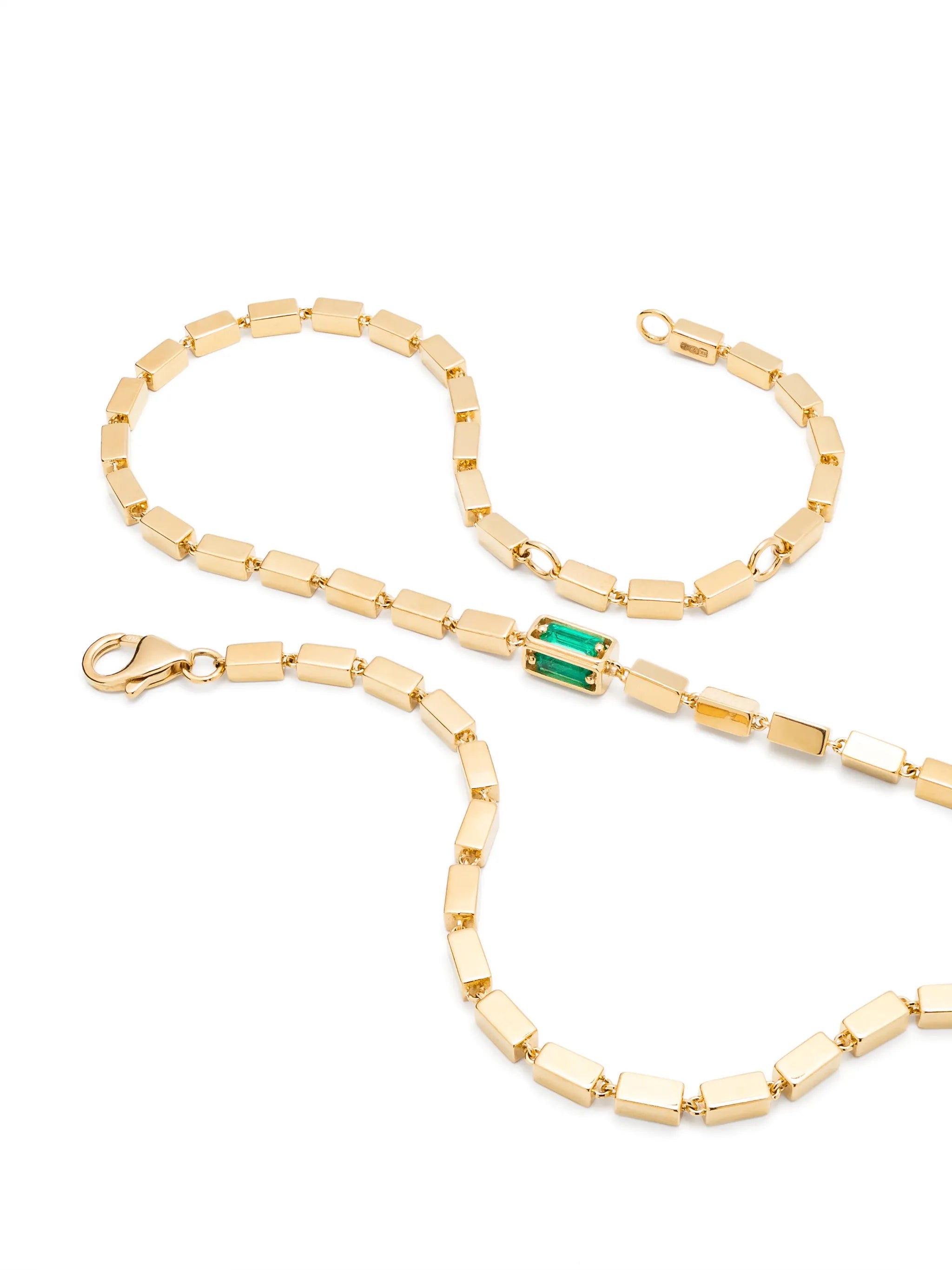 18kt yellow gold Block-Chain emerald baguette link necklace