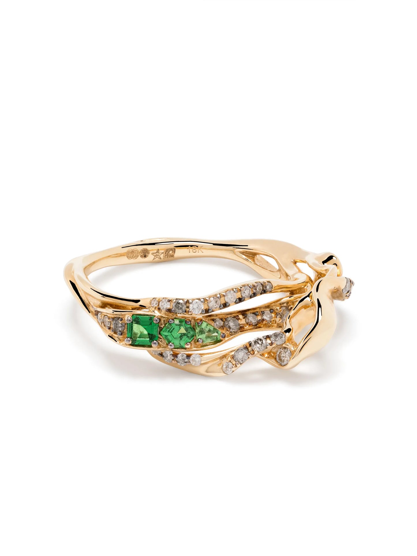 18kt yellow gold Exhale diamond and tsavorite stackable ring