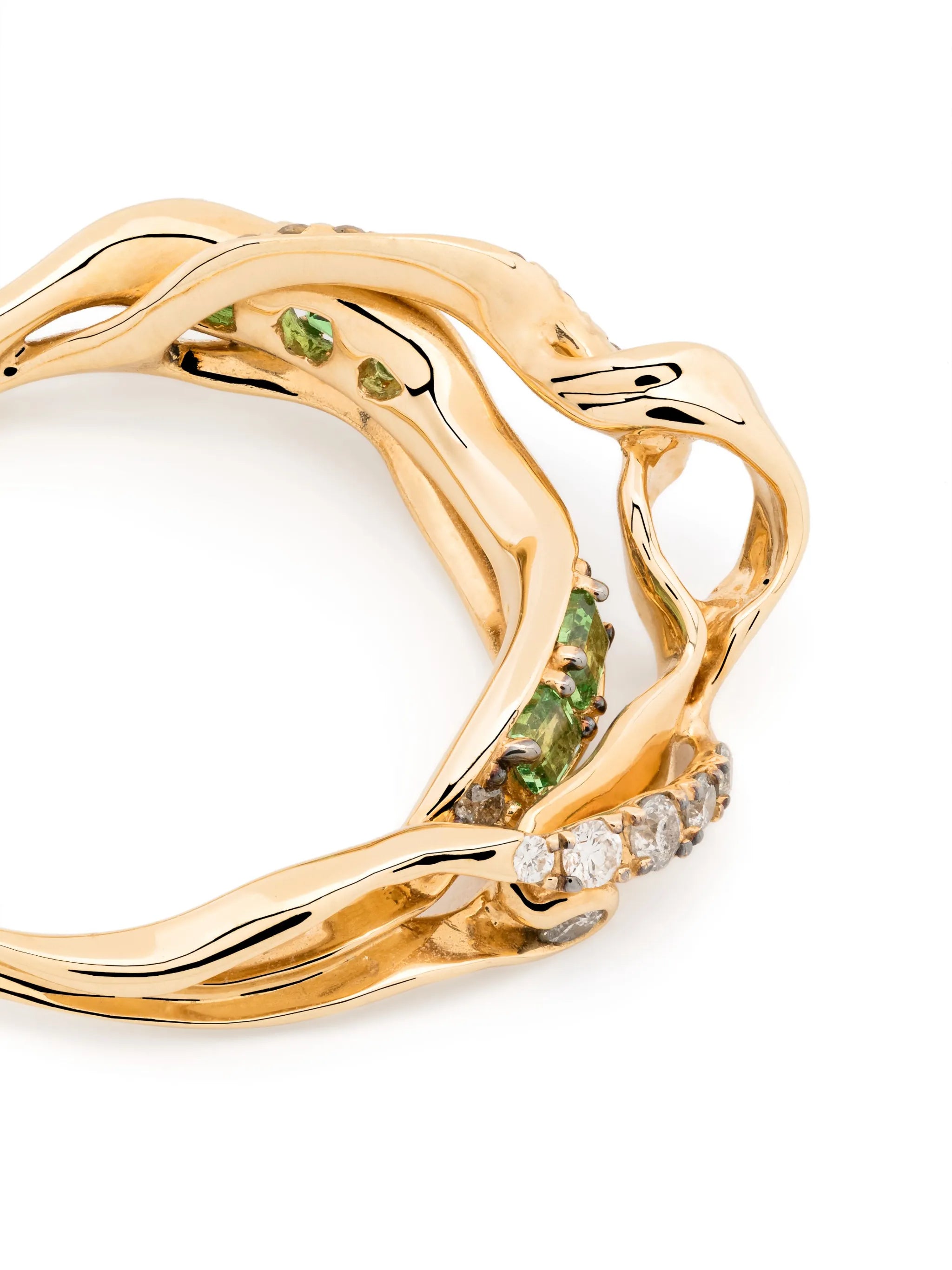 18kt yellow gold Exhale diamond and tsavorite stackable ring