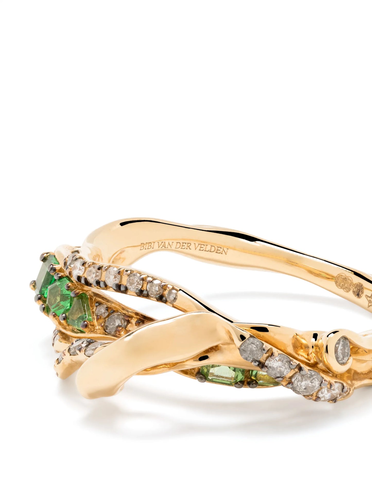 18kt yellow gold Exhale diamond and tsavorite stackable ring