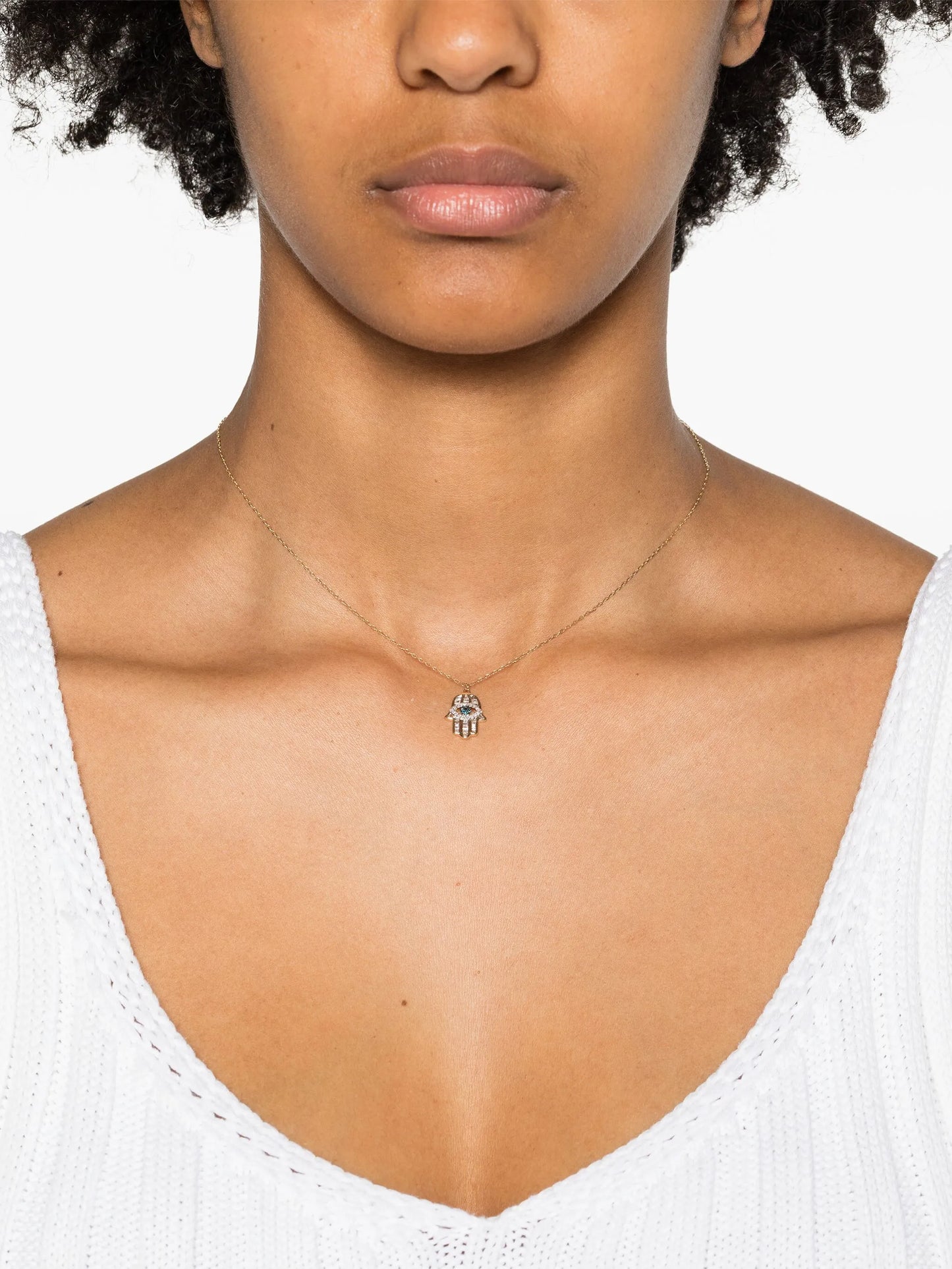 14kt yellow gold Hamsa pendant white and blue diamond necklace