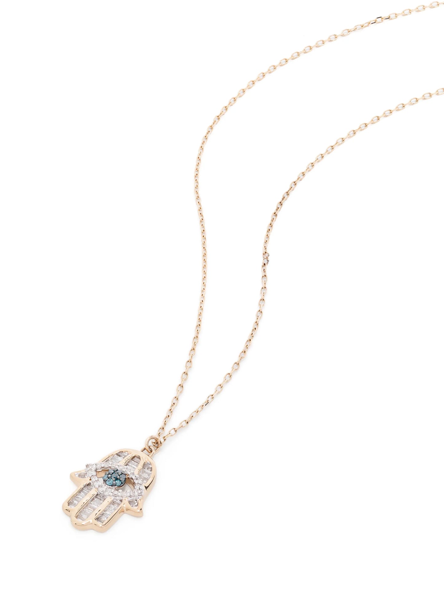 14kt yellow gold Hamsa pendant white and blue diamond necklace