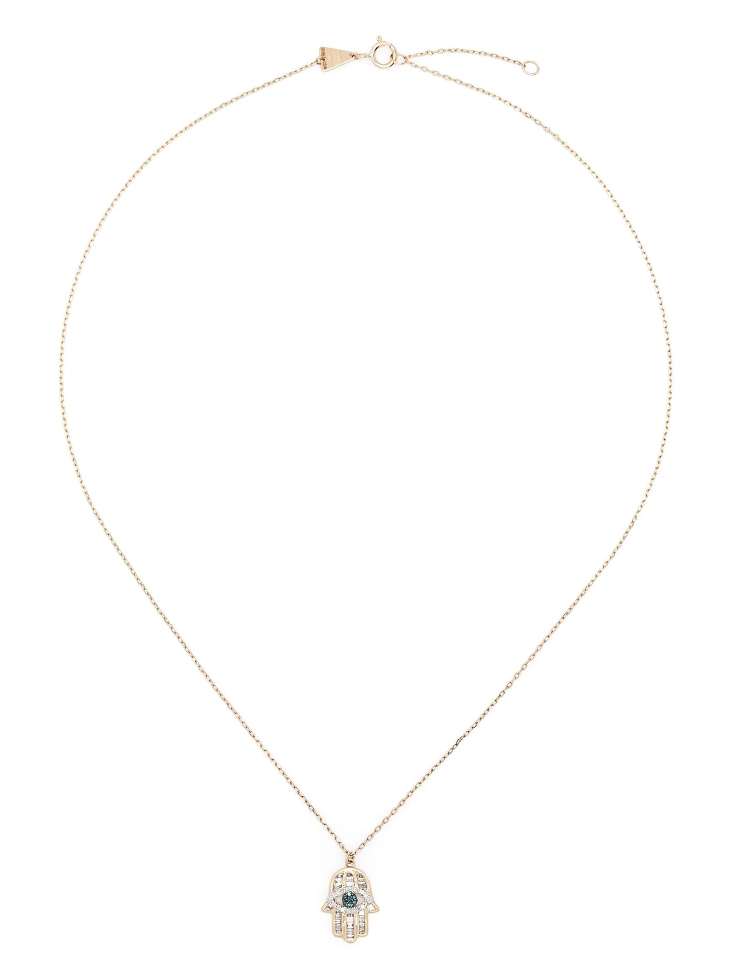 14kt yellow gold Hamsa pendant white and blue diamond necklace