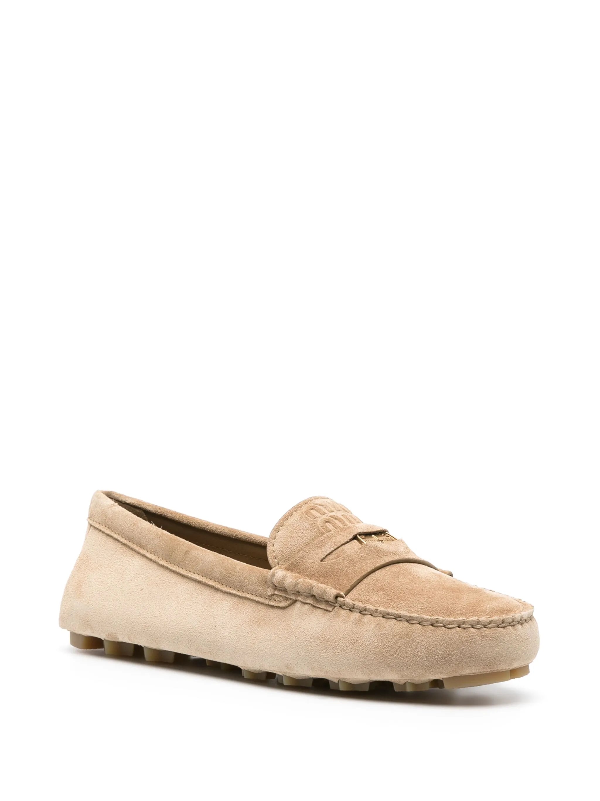 embossed-logo suede loafers