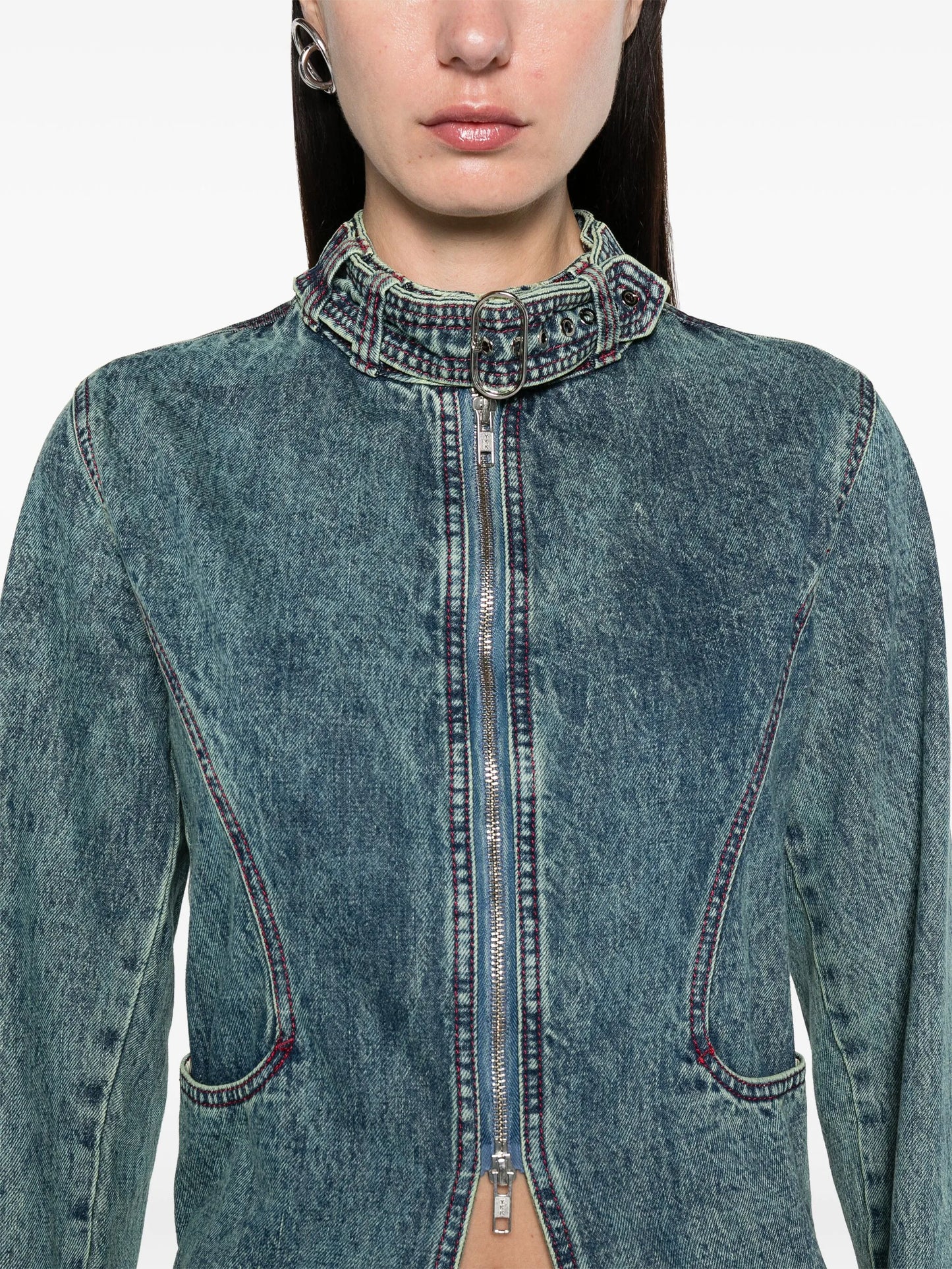 star-patch long denim coat