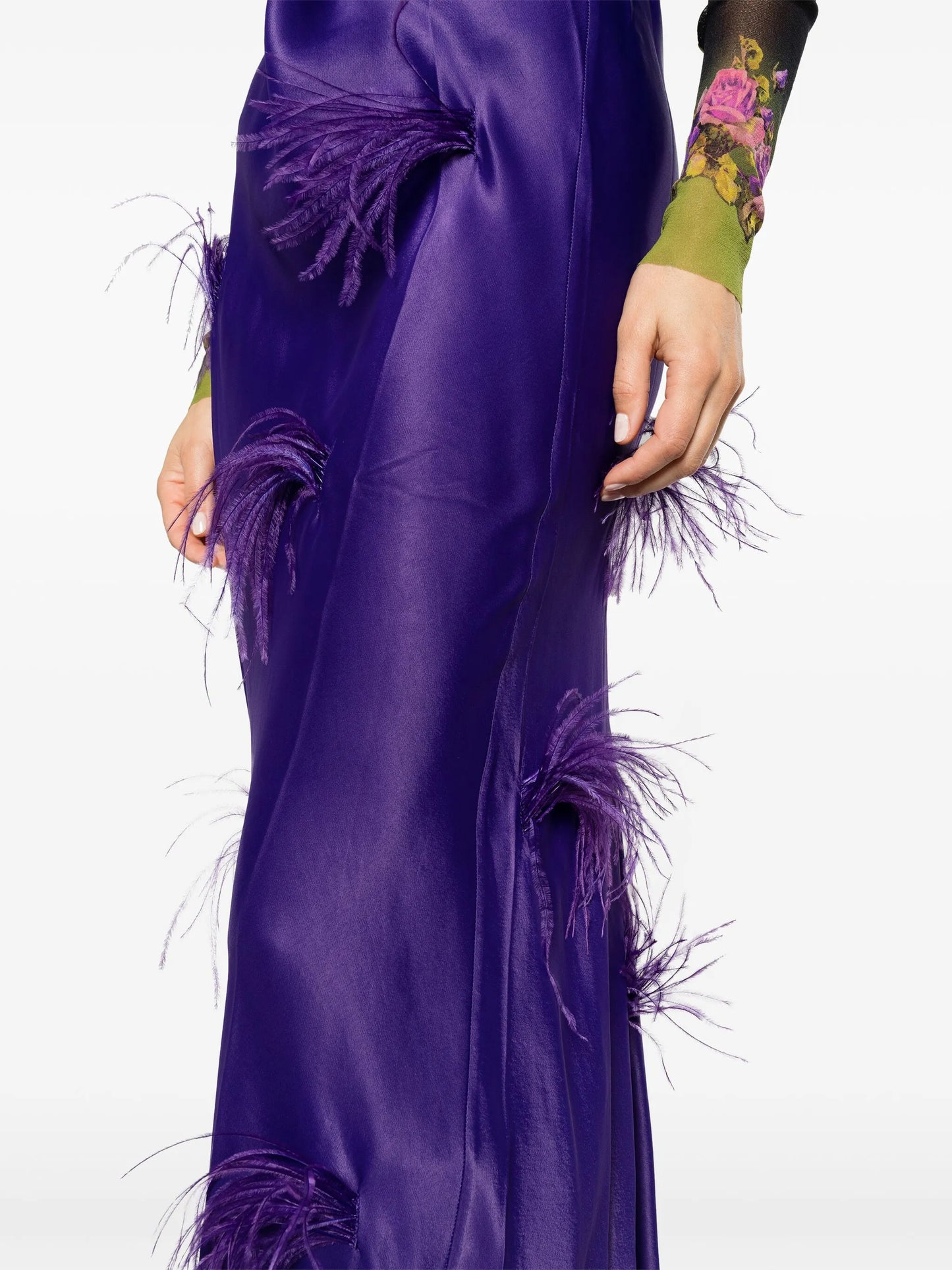 feather-trim satin maxi skirt
