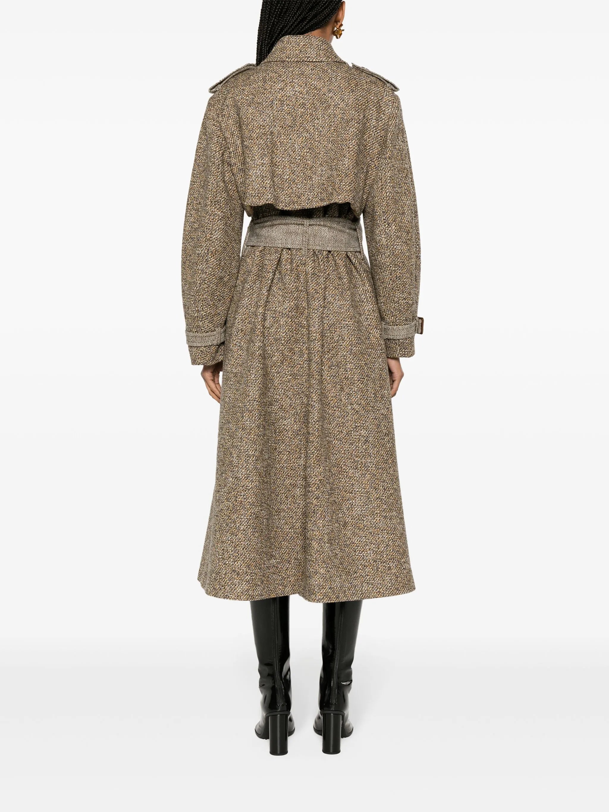 belted tweed trench coat