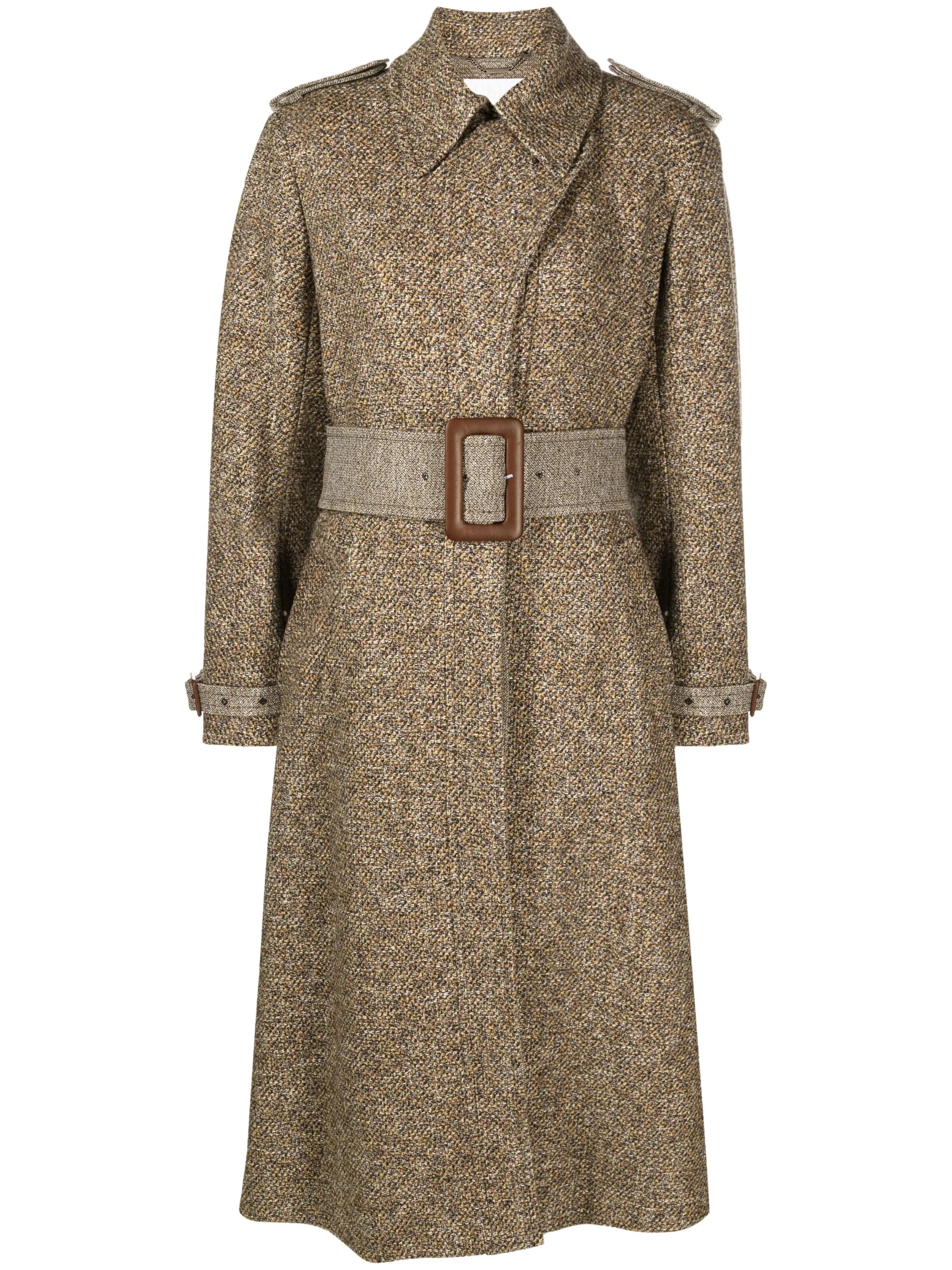 belted tweed trench coat