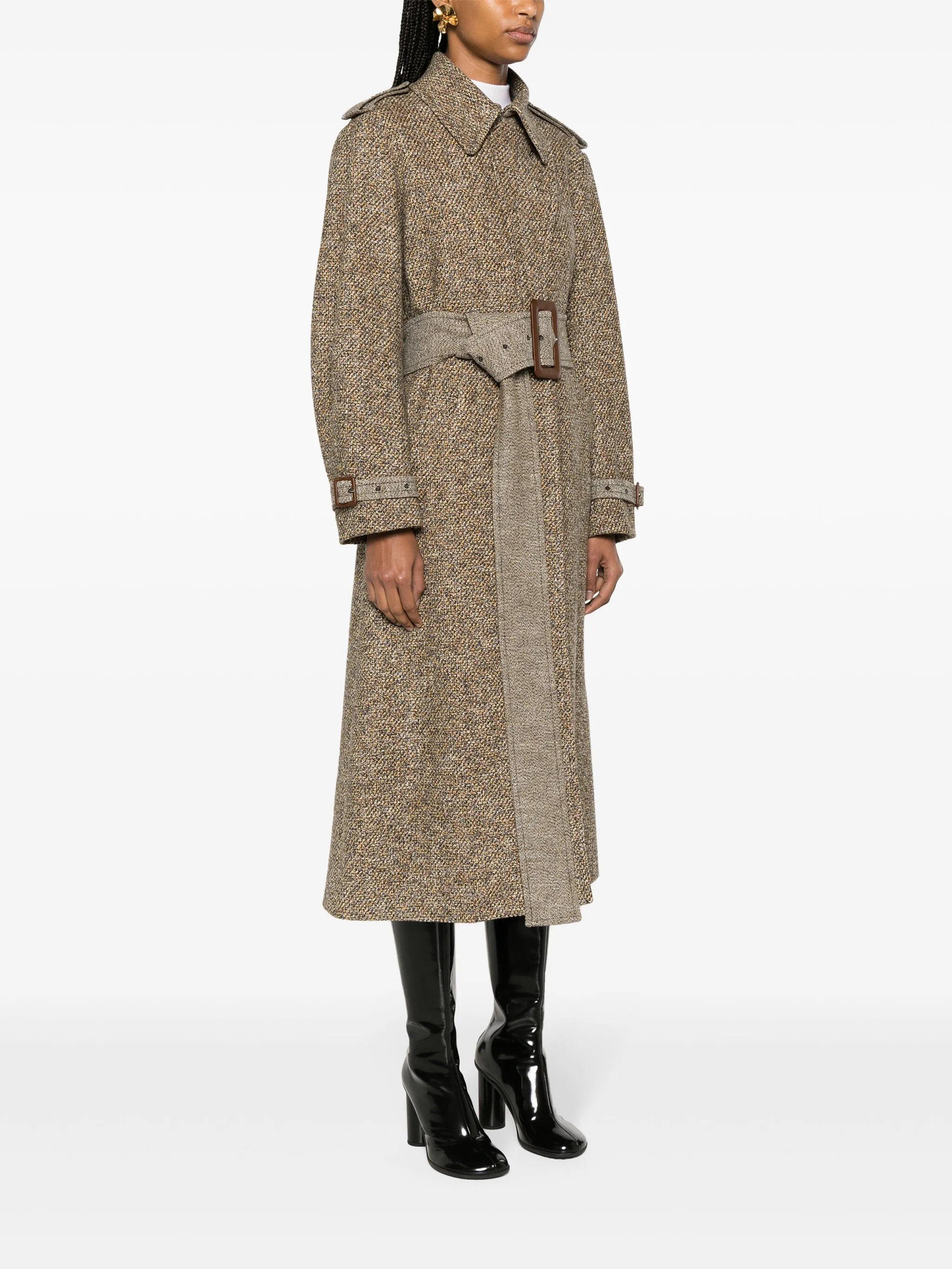 belted tweed trench coat