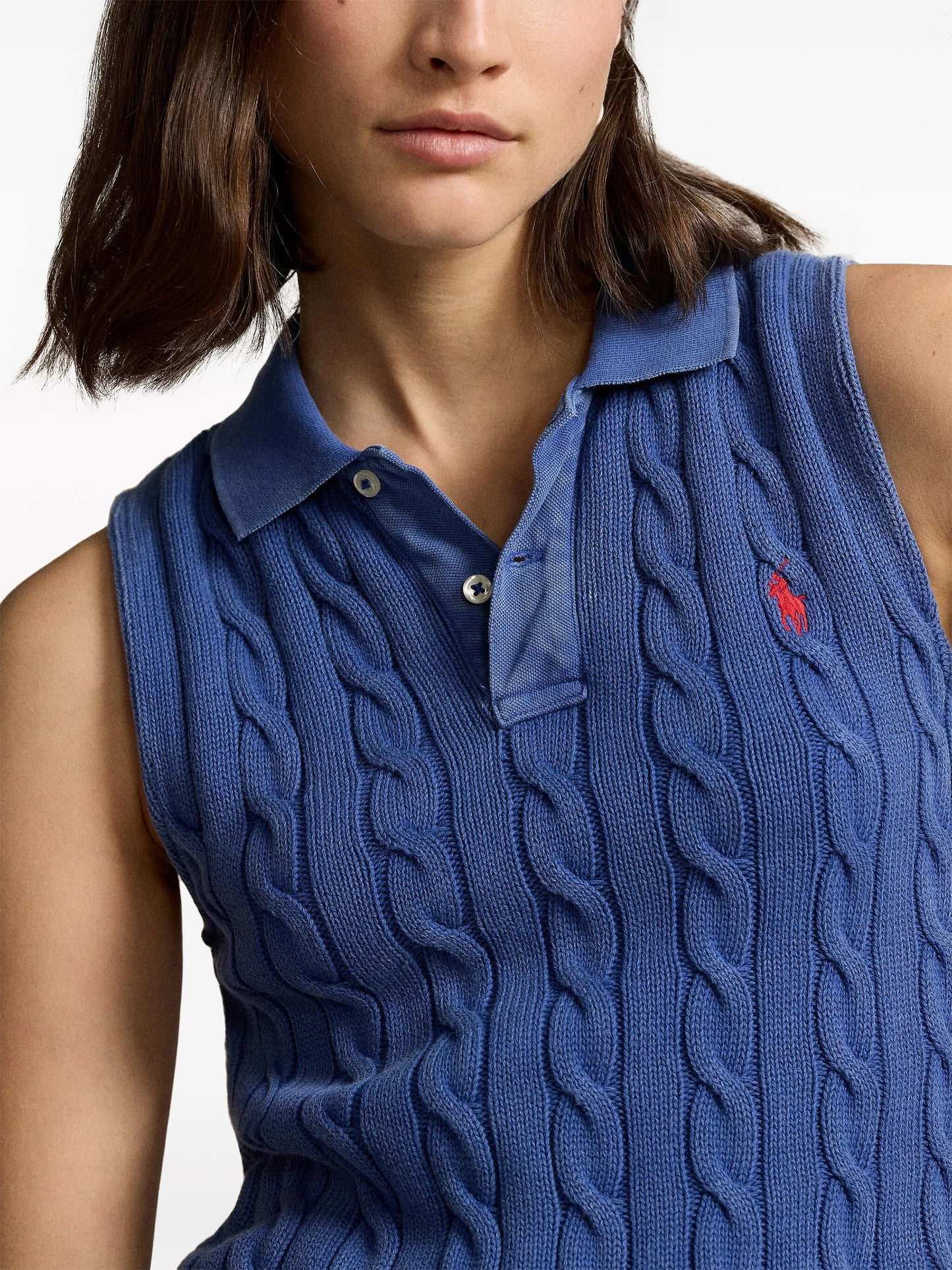 cable-knit cotton polo top