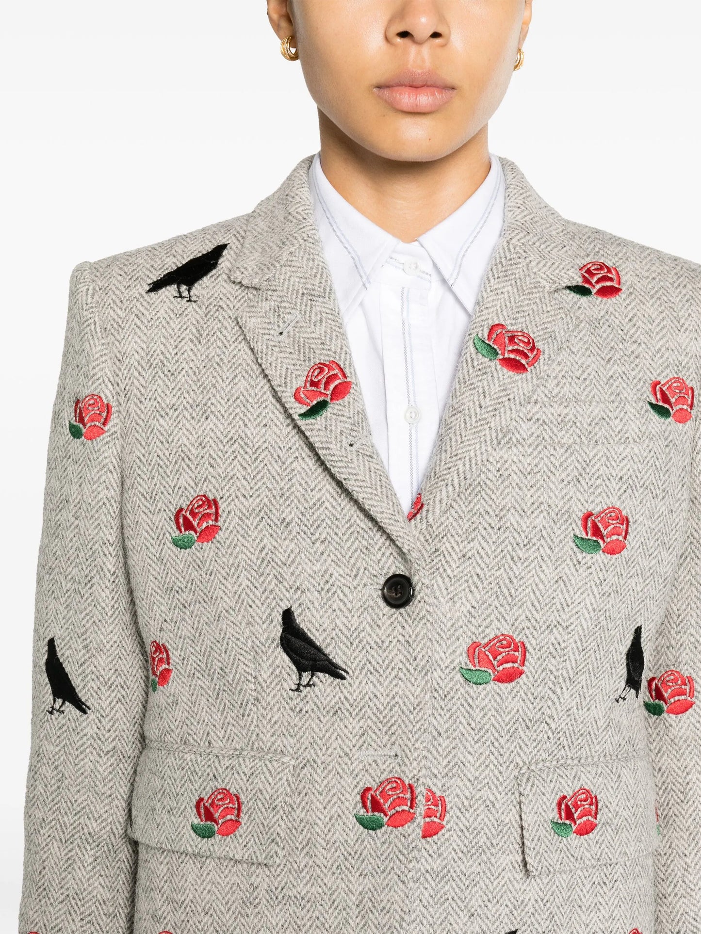 rose-embroidered herringbone blazer