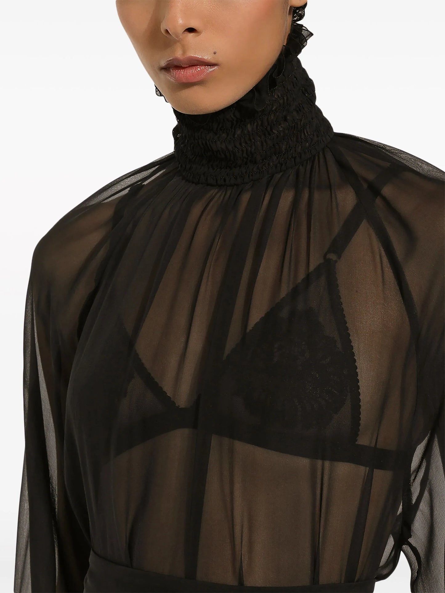 high-neck sheer silk blouse